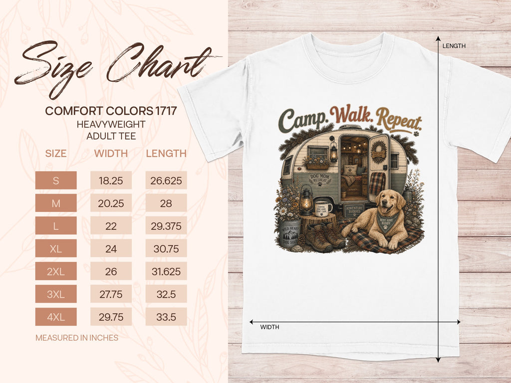 Comfort Colors 1717 heavyweight adult tee size chart with illustration of dog at campsite.