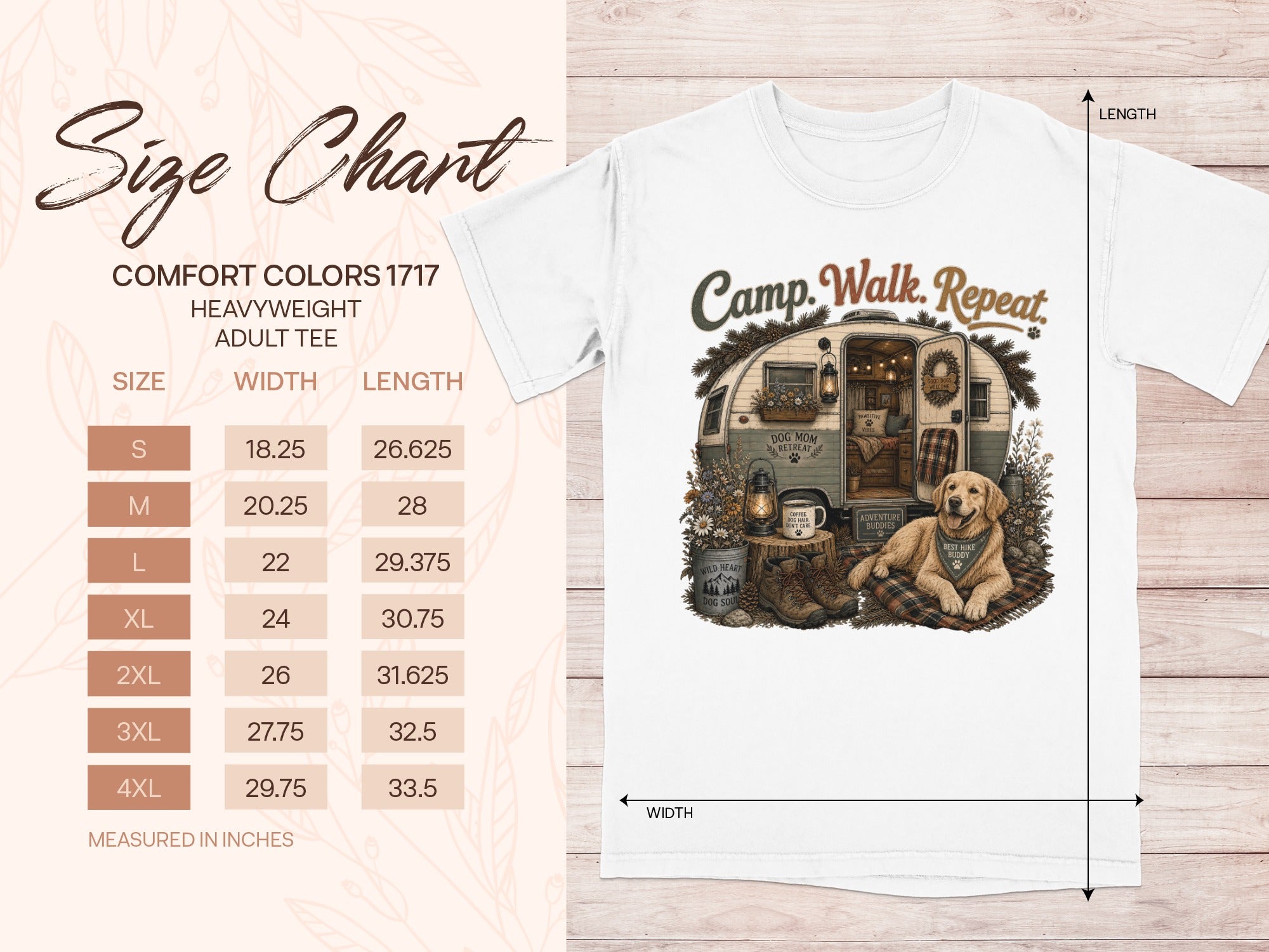 Comfort Colors 1717 heavyweight adult tee size chart with illustration of dog at campsite.