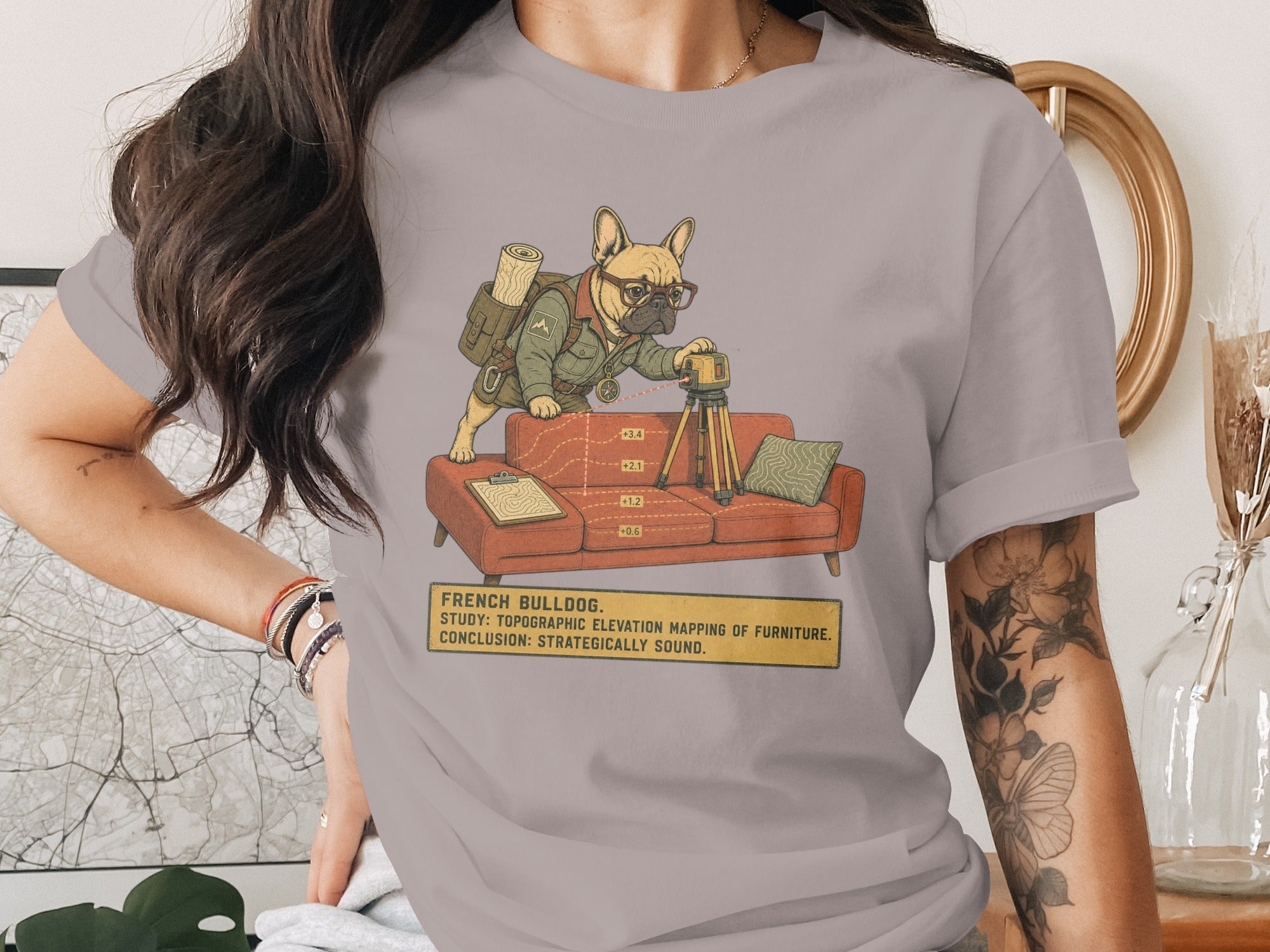 French bulldog topographic mapping furniture study with text.