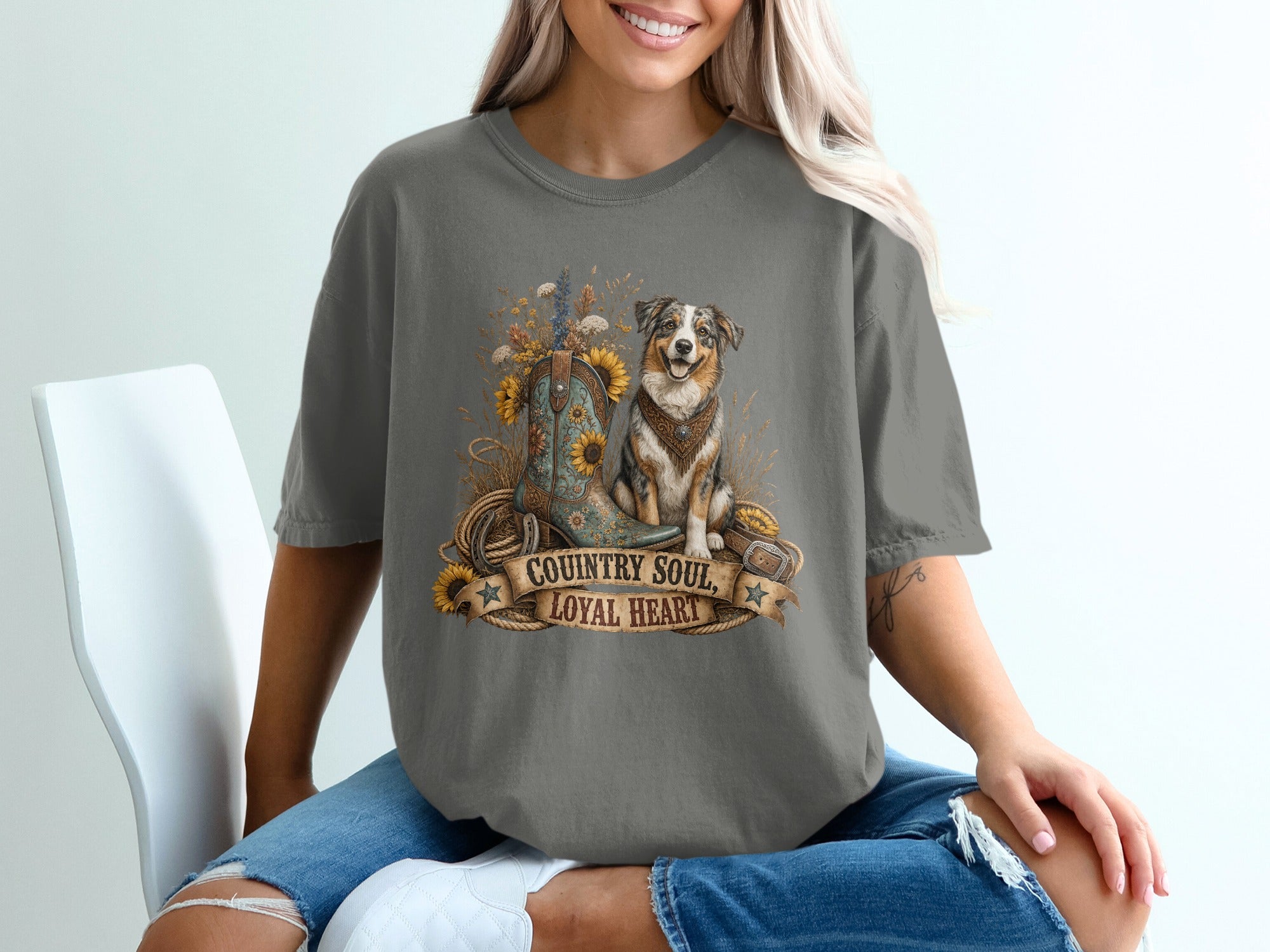 T-shirt with boot, dog, sunflowers, and text "Country Soul, Loyal Heart".