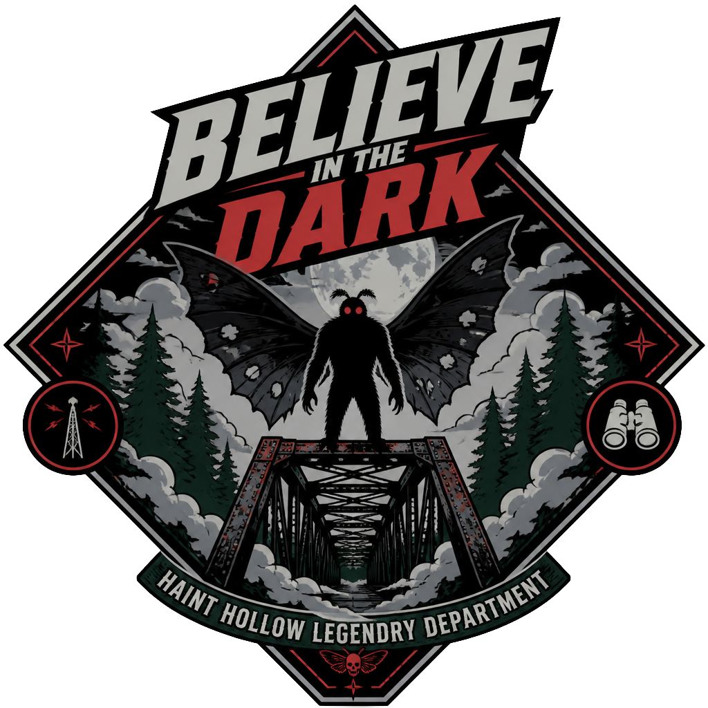 Mothman stands on a bridge under a full moon, with text "Believe in the Dark."