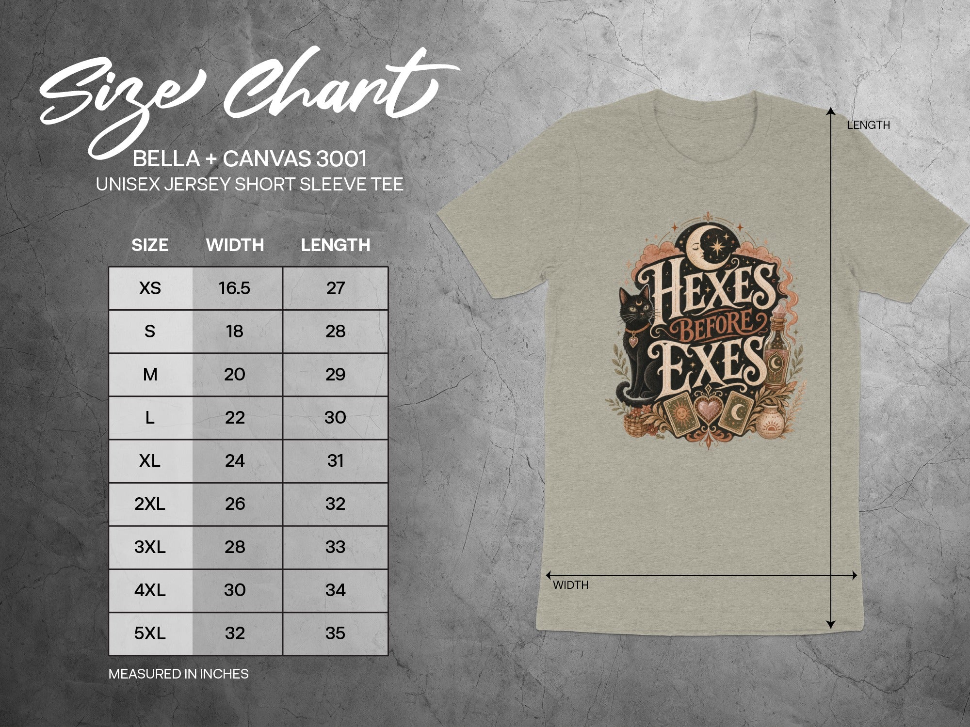 Size chart for Bella + Canvas 3001 unisex short sleeve tee measured in inches.