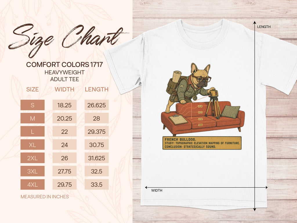 Size chart for Comfort Colors 1717 heavyweight adult tee with French Bulldog illustration and text.