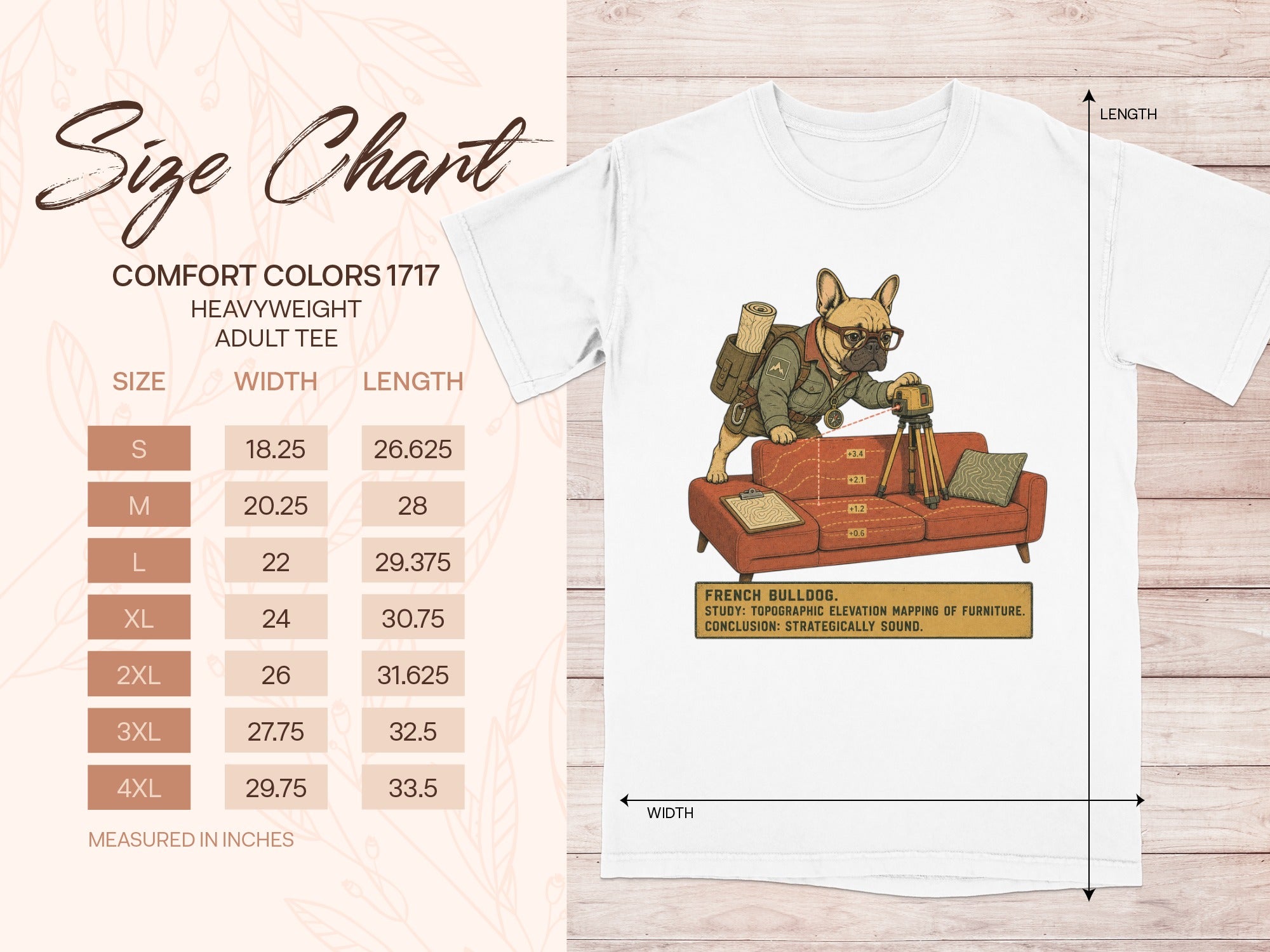 Size chart for Comfort Colors 1717 heavyweight adult tee with French Bulldog illustration and text.