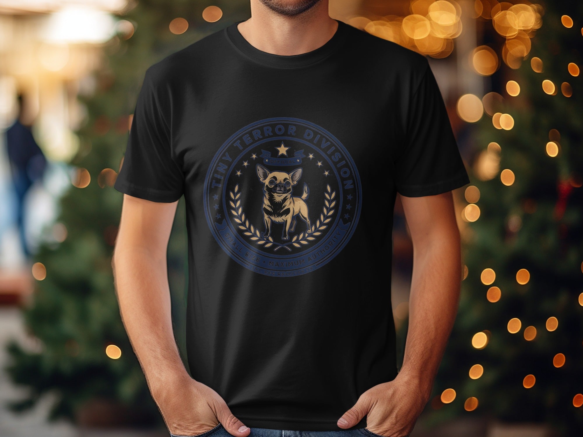 Black t-shirt with "Tiny Terror Division" badge featuring a chihuahua.