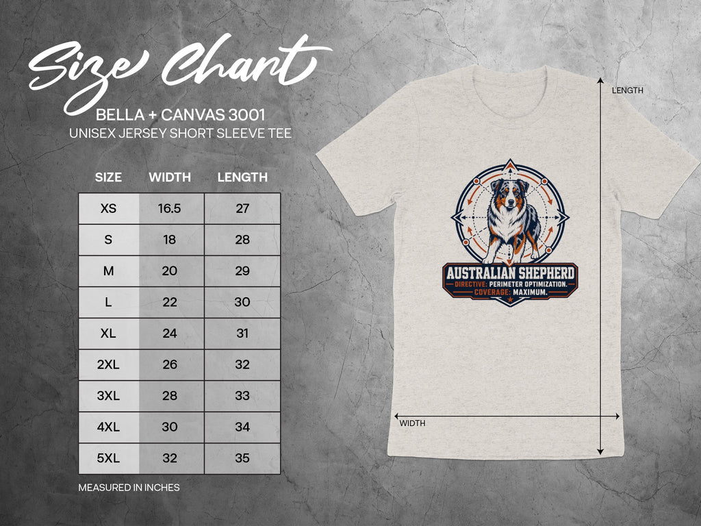 Size chart for Bella + Canvas 3001 unisex tee with Australian Shepherd graphic and measurements.