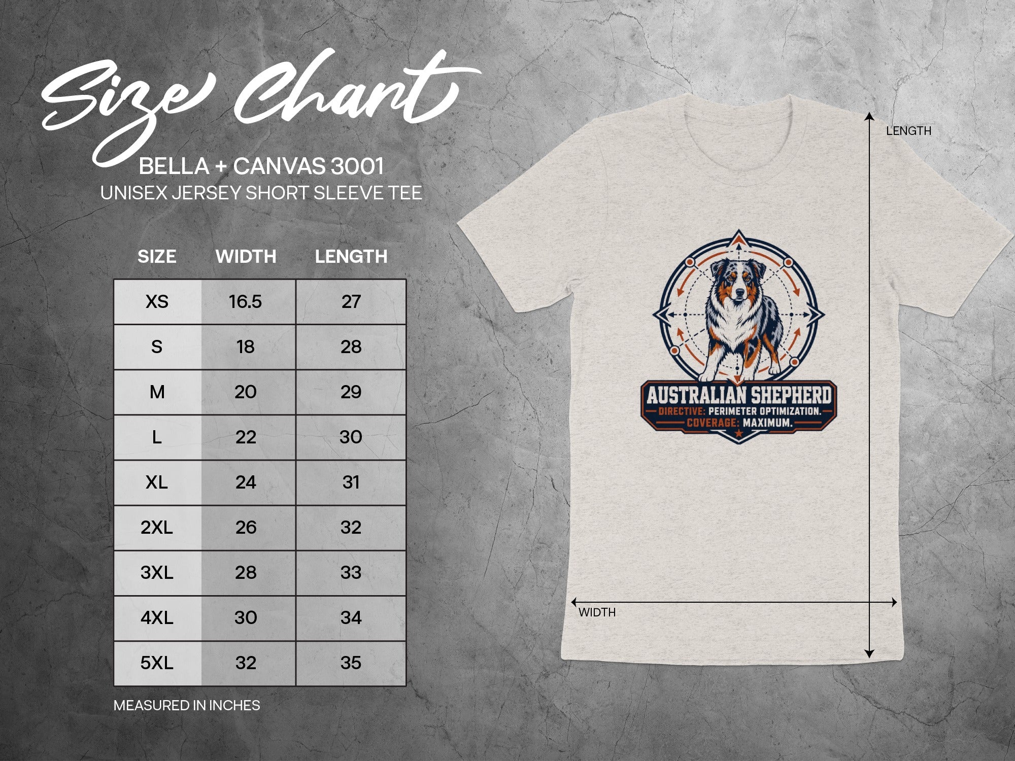 Size chart for Bella + Canvas 3001 unisex tee with Australian Shepherd graphic and measurements.