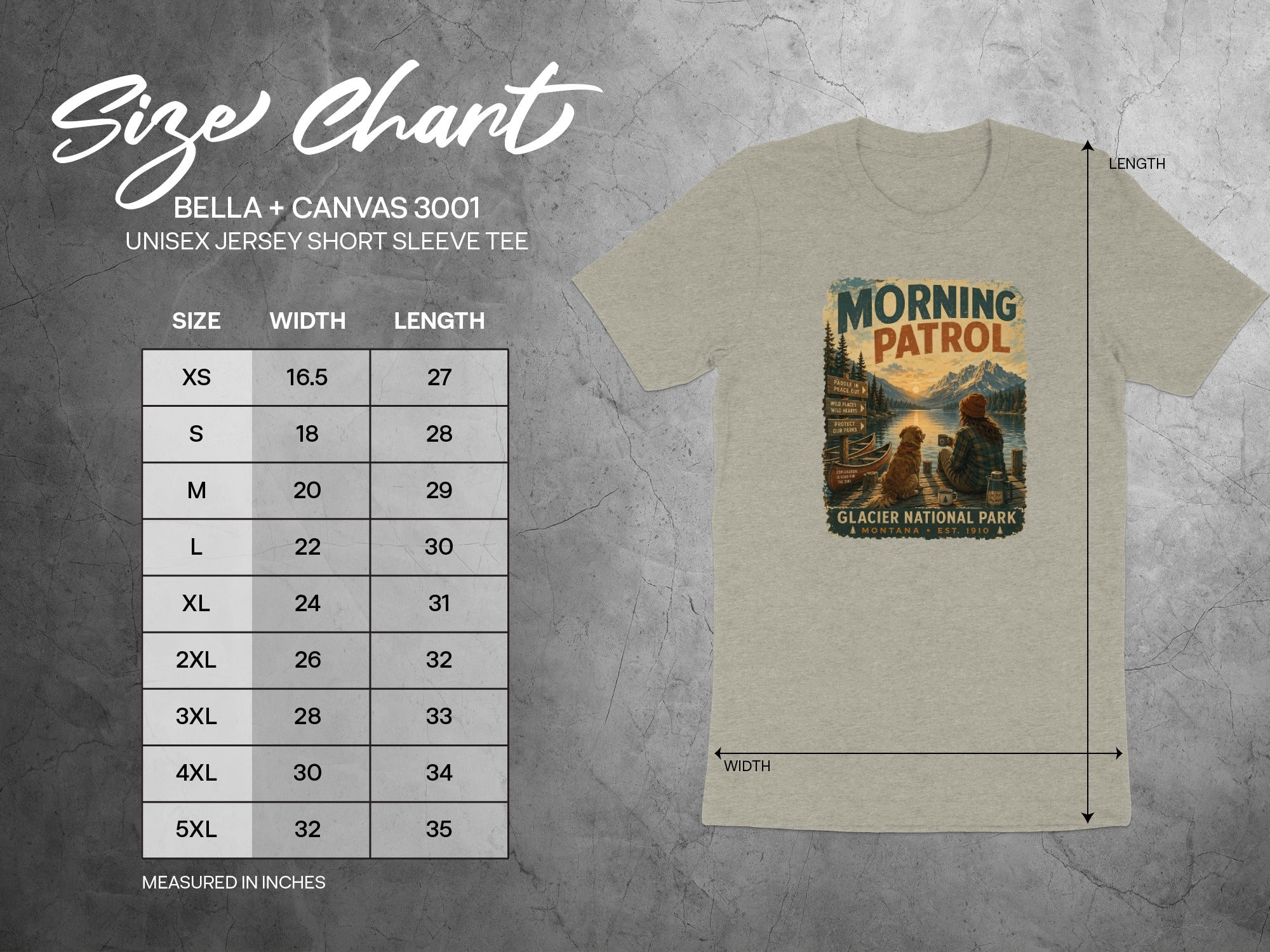 Size chart for Bella + Canvas 3001 unisex jersey short sleeve tee.