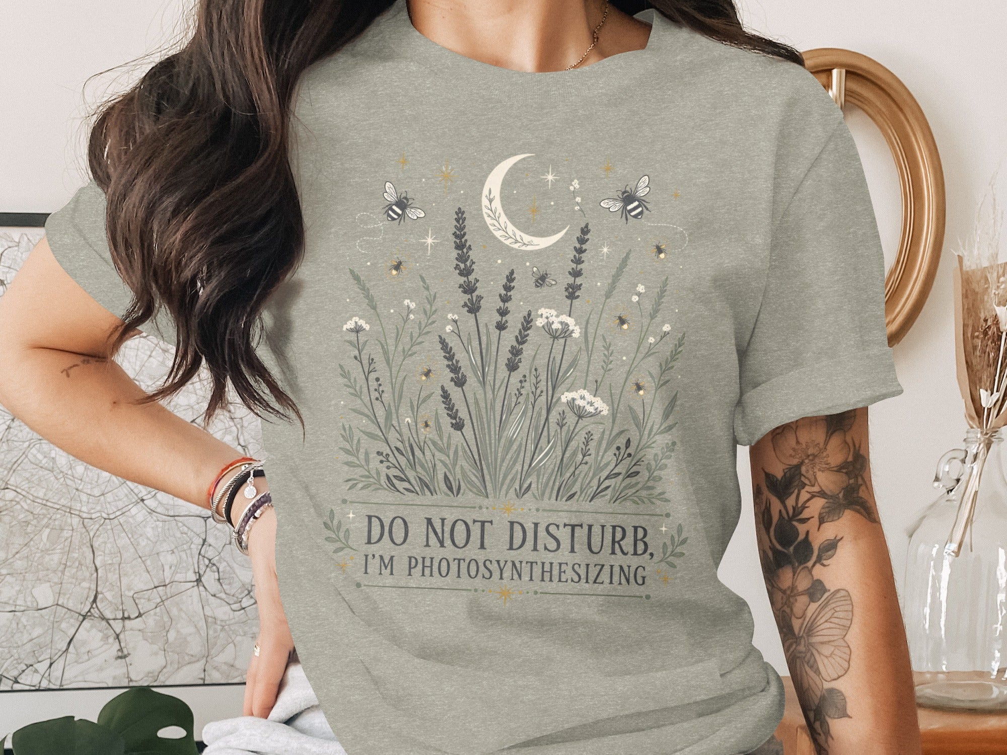Grey t-shirt with celestial floral design and text "DO NOT DISTURB, I'M PHOTOSYNTHESIZING".