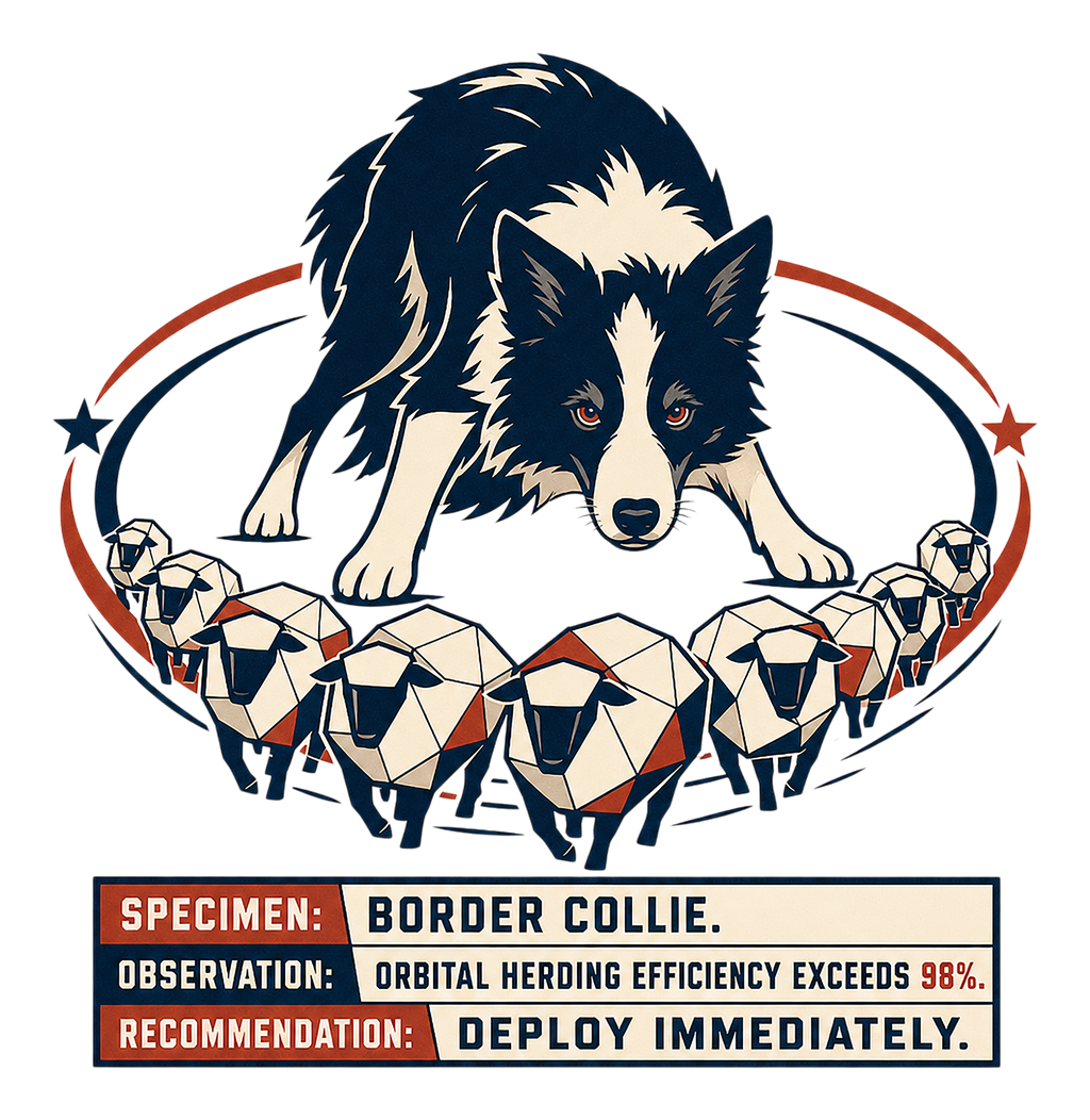 Border collie herding geometric sheep, with specimen, observation, and recommendation text.