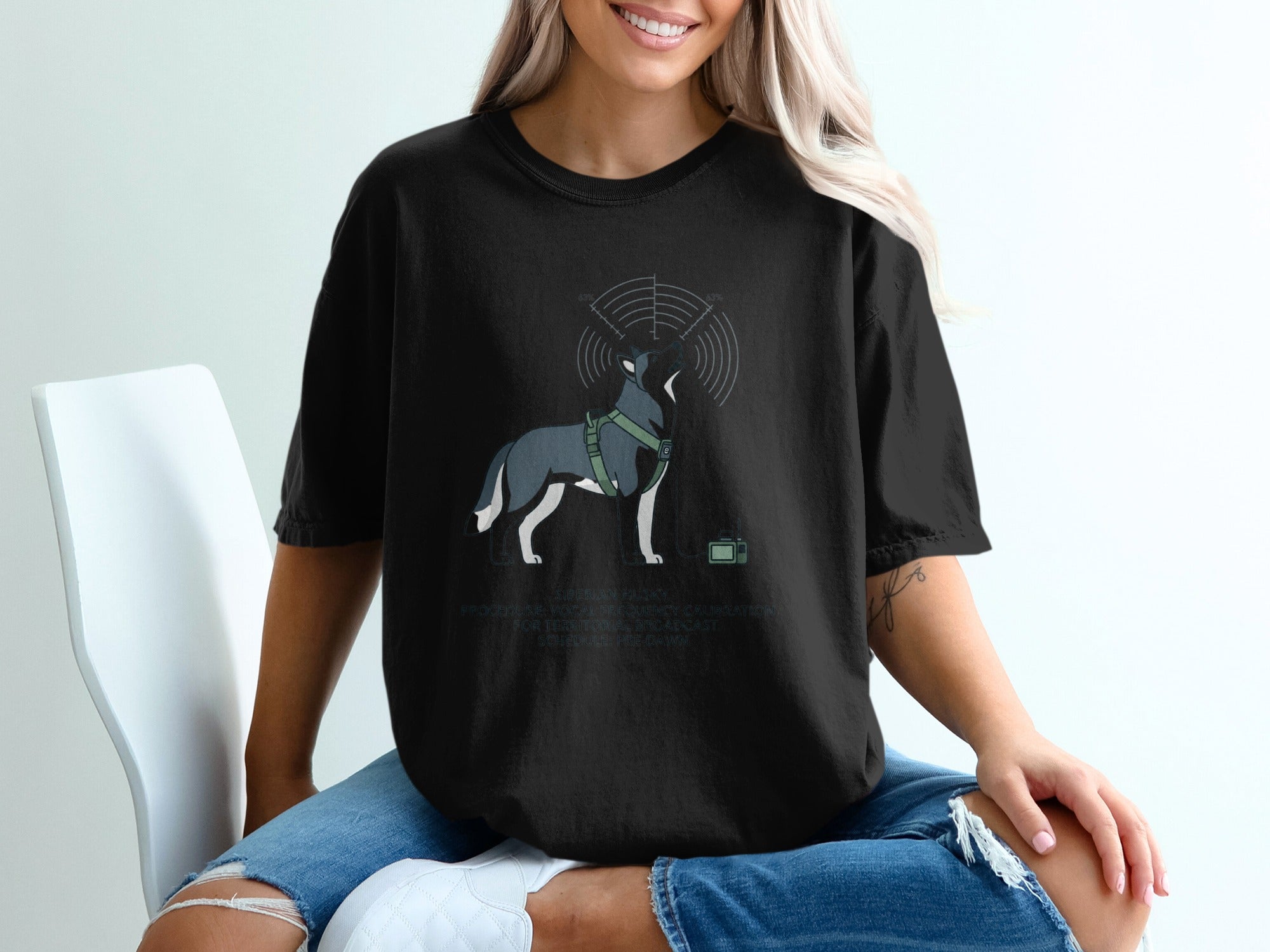 Black t-shirt with Siberian Husky, radar, and technical text print.
