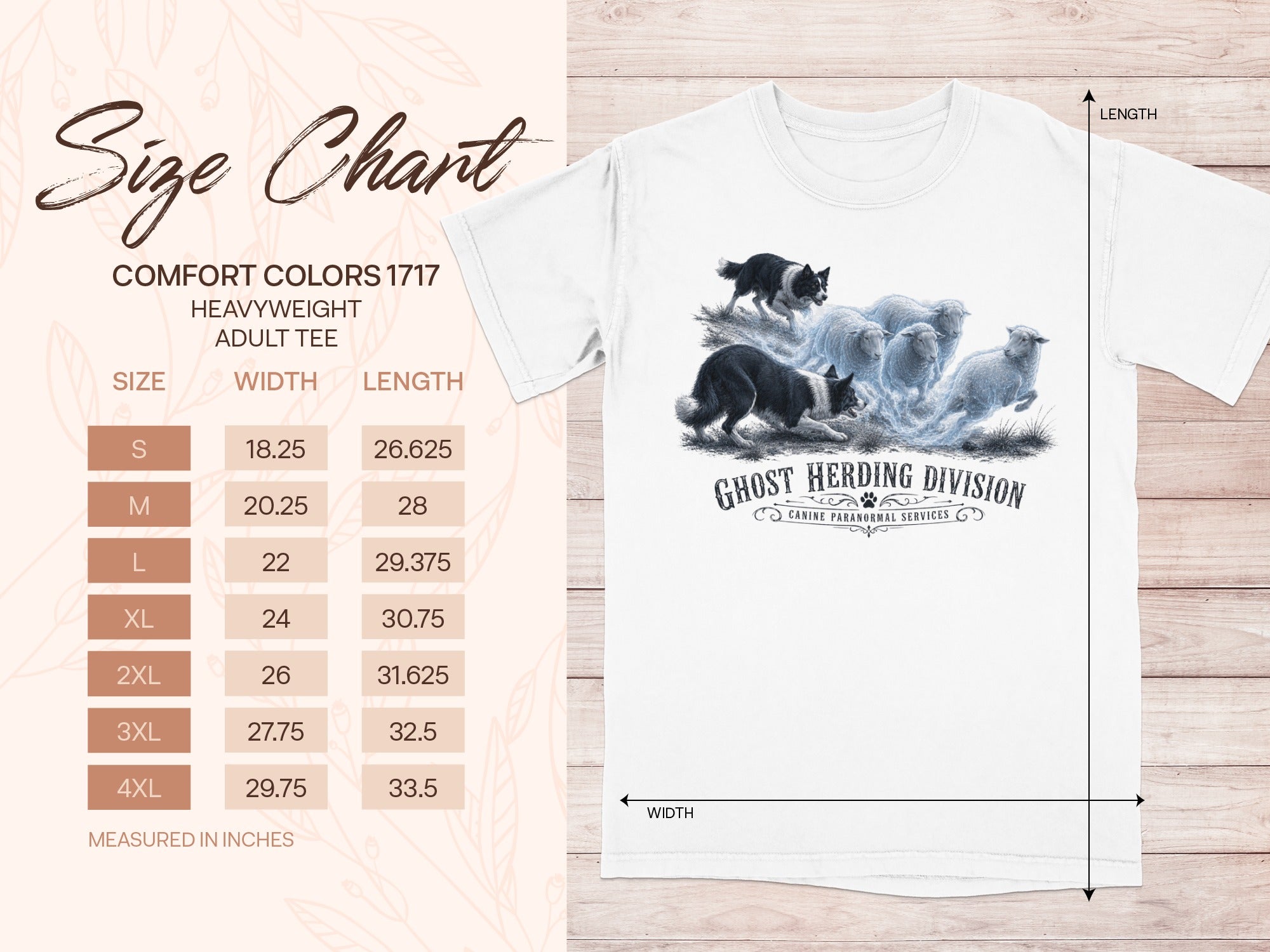 Ghost Herding Division adult tee size chart with dog and sheep graphic.