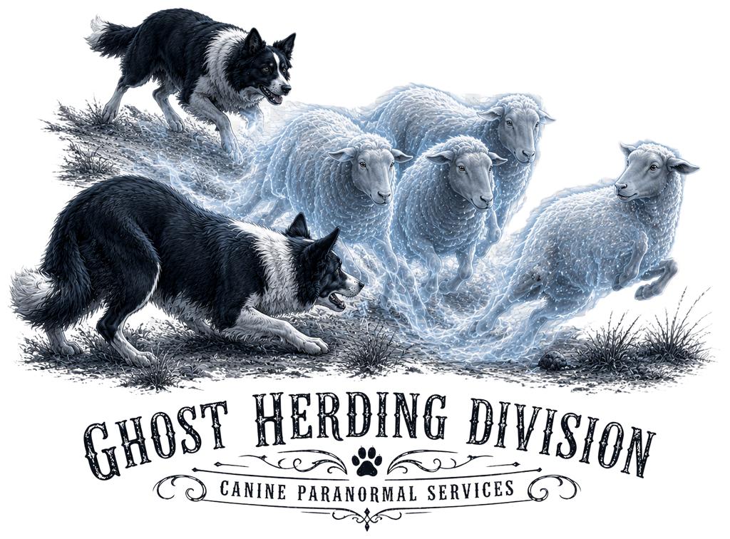 Two border collies herding ghostly sheep below "Ghost Herding Division Canine Paranormal Services" text.