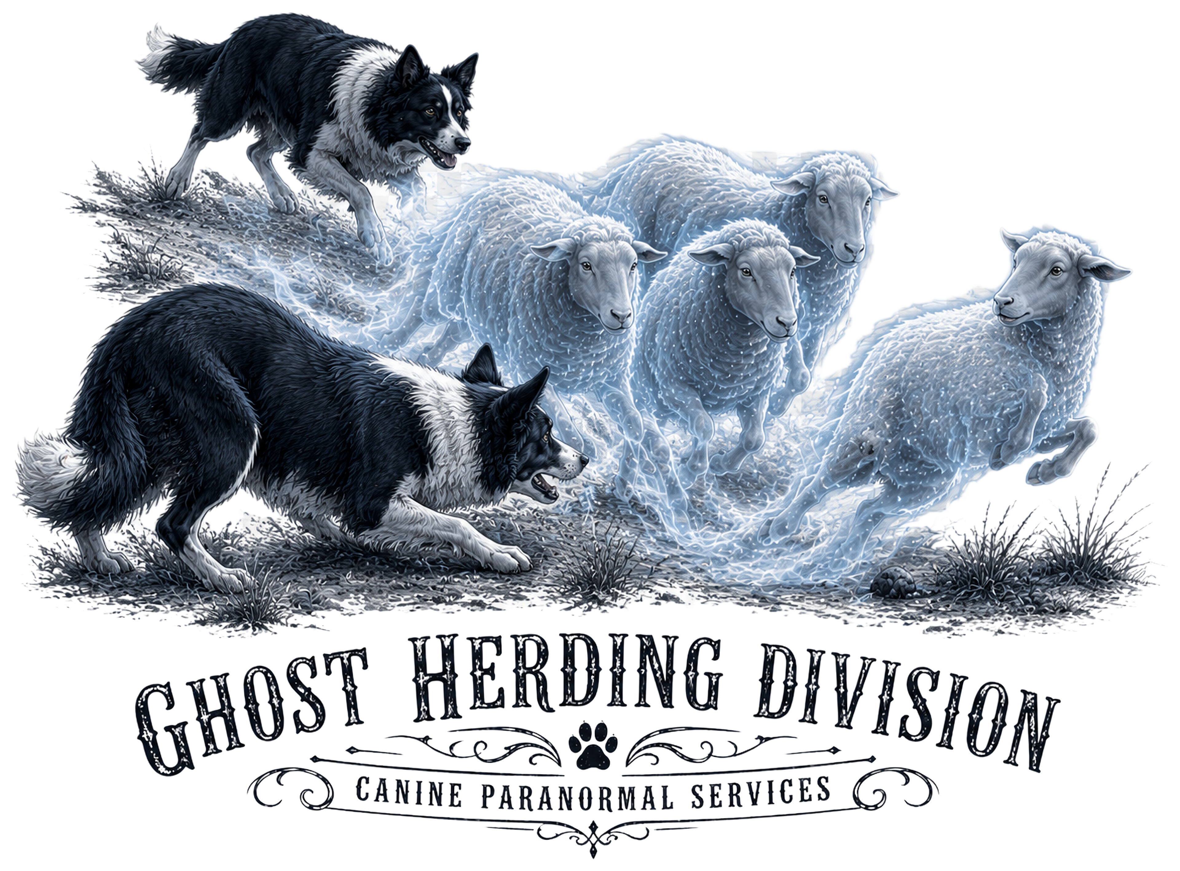 Two border collies herding ghostly sheep below "Ghost Herding Division Canine Paranormal Services" text.