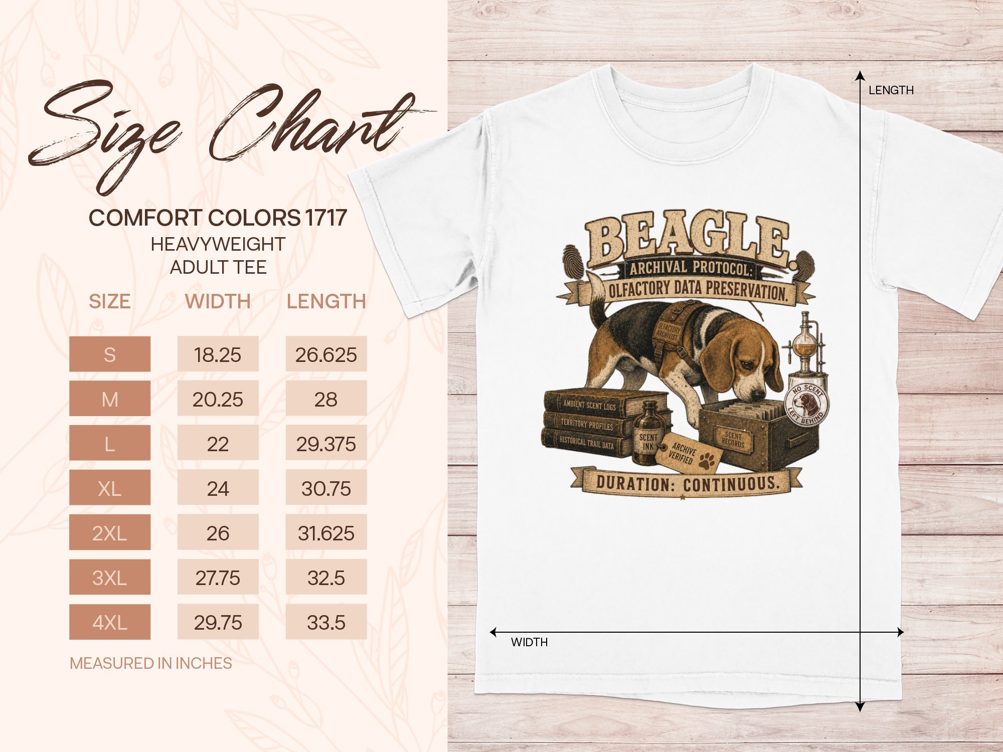 White t-shirt with beagle graphic and size chart. Comfort Colors 1717.