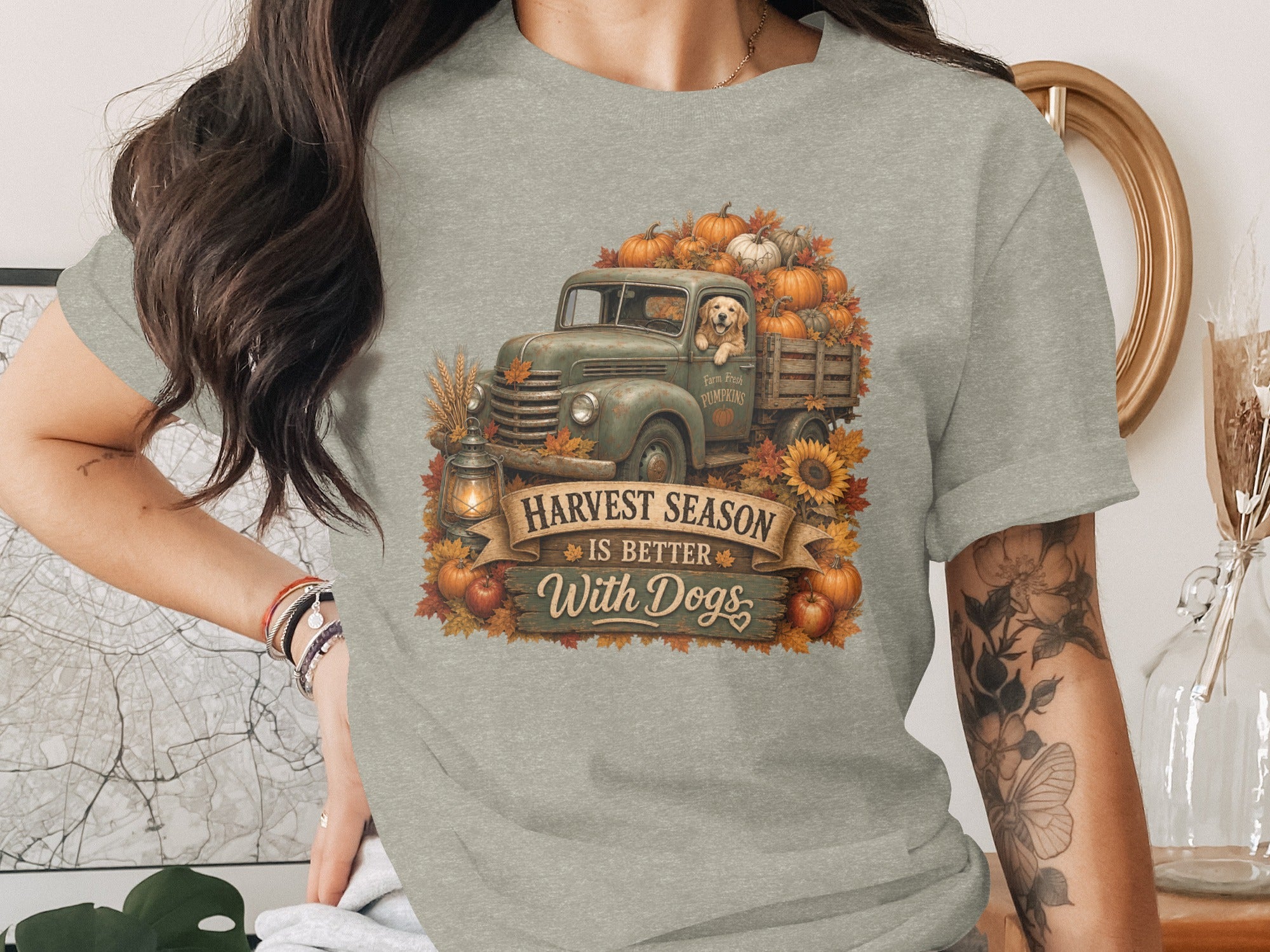 Vintage truck filled with pumpkins, a dog, and text "Harvest Season Is Better With Dogs".