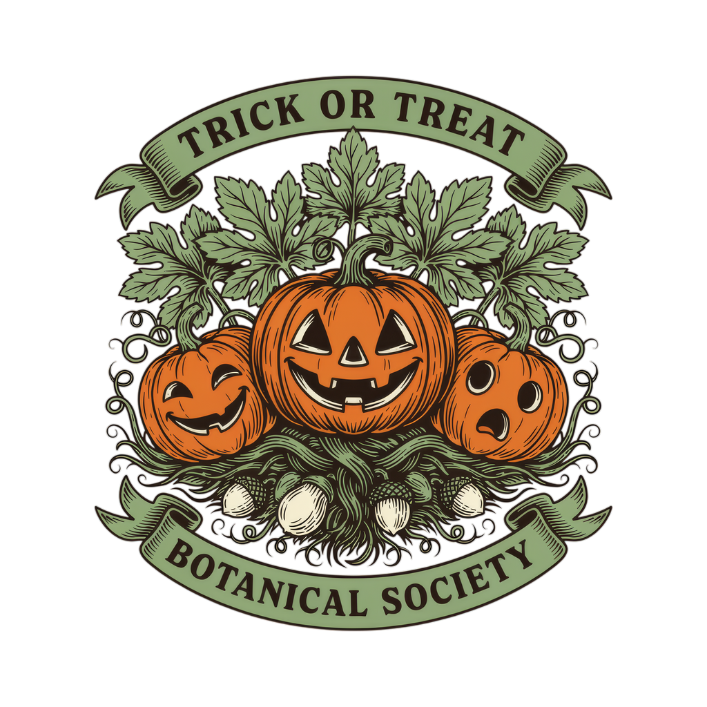 Three jack-o'-lanterns adorned with leaves and acorns, text reads "Trick or Treat Botanical Society."