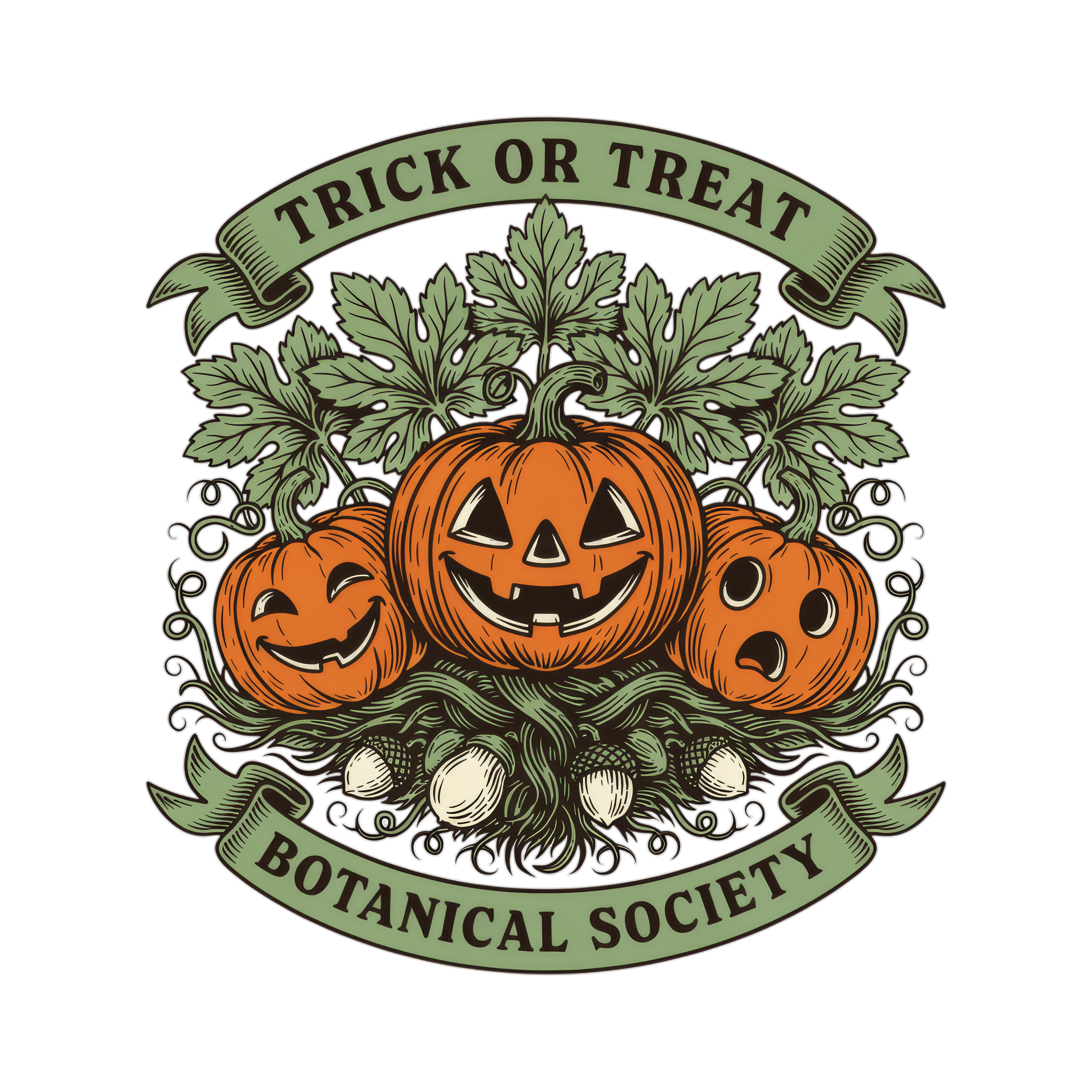 Three jack-o'-lanterns adorned with leaves and acorns, text reads "Trick or Treat Botanical Society."