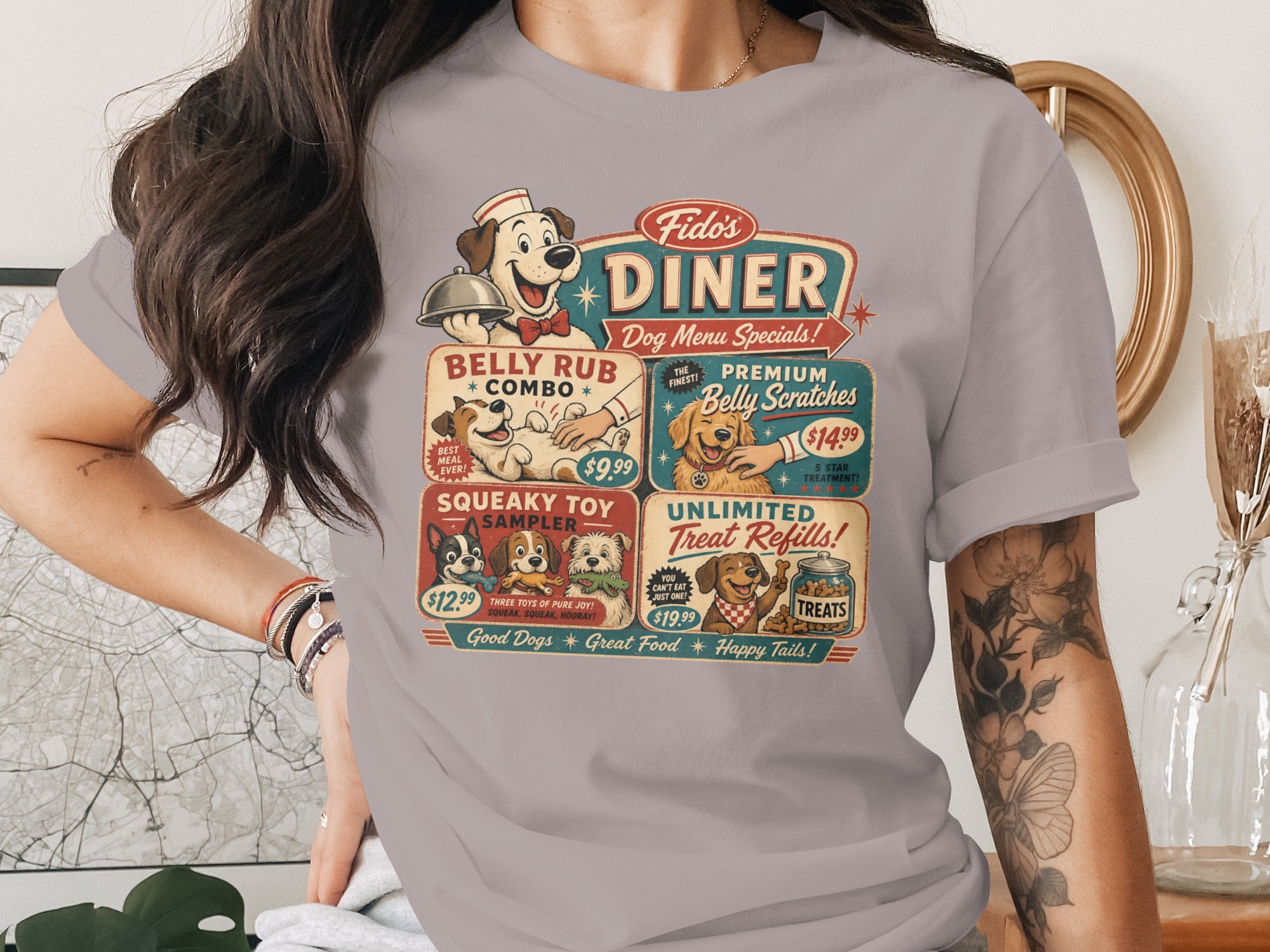 Fido's Diner dog menu specials: Belly Rub Combo, Belly Scratches, Squeaky Toy Sampler, Treat Refills.