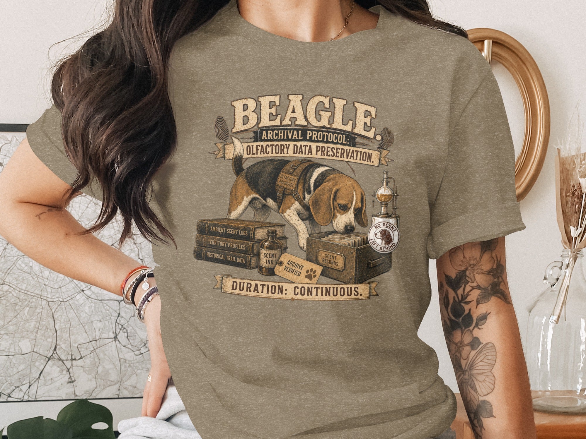 Beagle Archival Protocol: Olfactory Data Preservation text with beagle and vintage items.