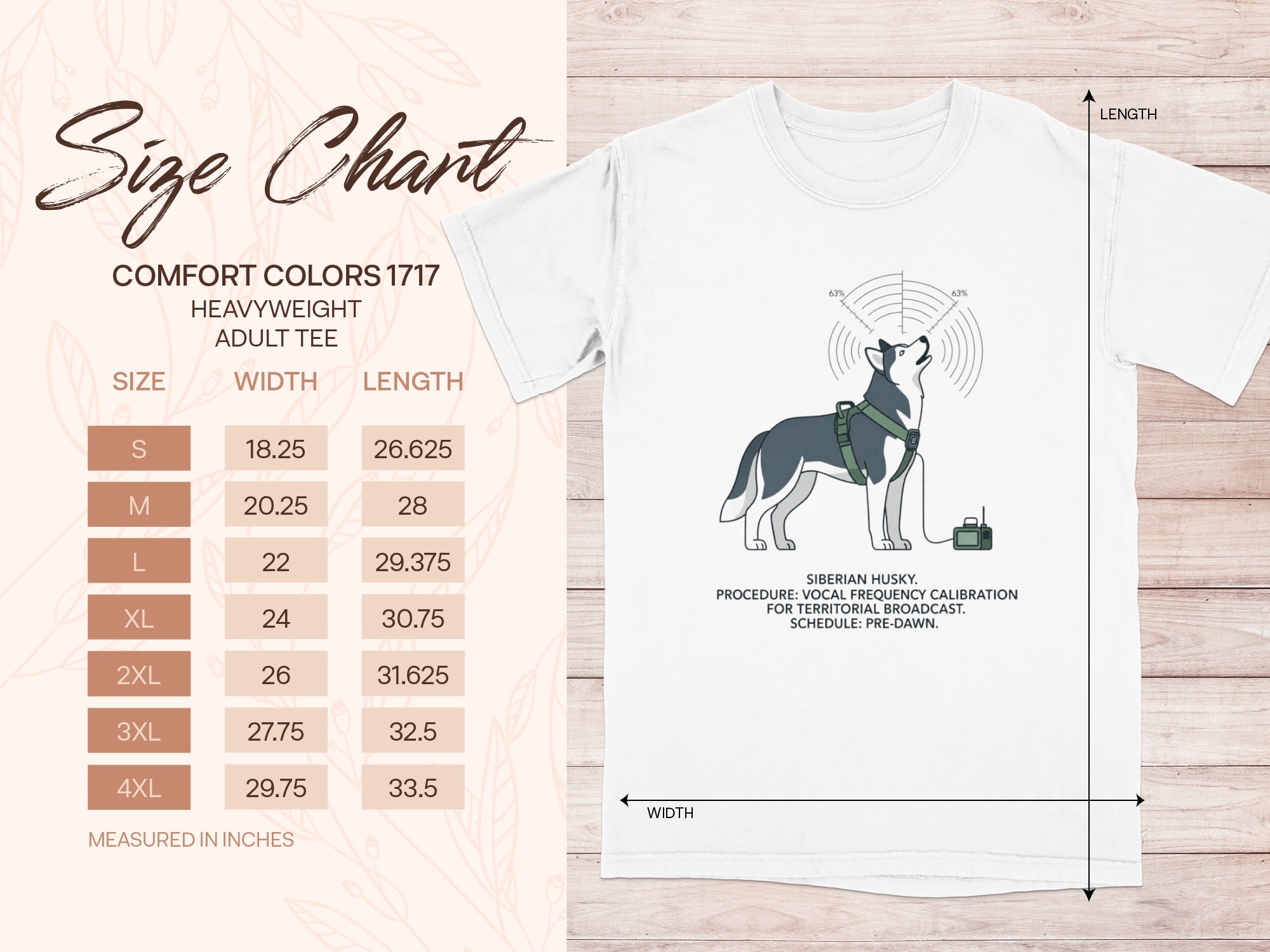 Comfort Colors 1717 heavyweight adult tee size chart with husky graphic.