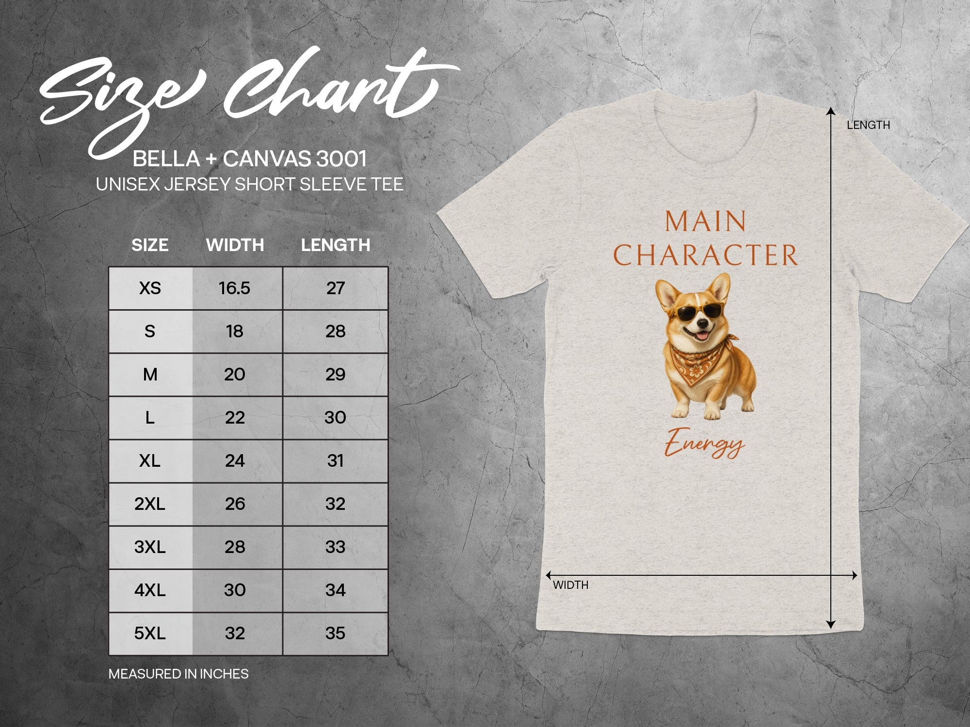 Bella + Canvas 3001 unisex tee size chart with corgi graphic and "Main Character Energy" text.