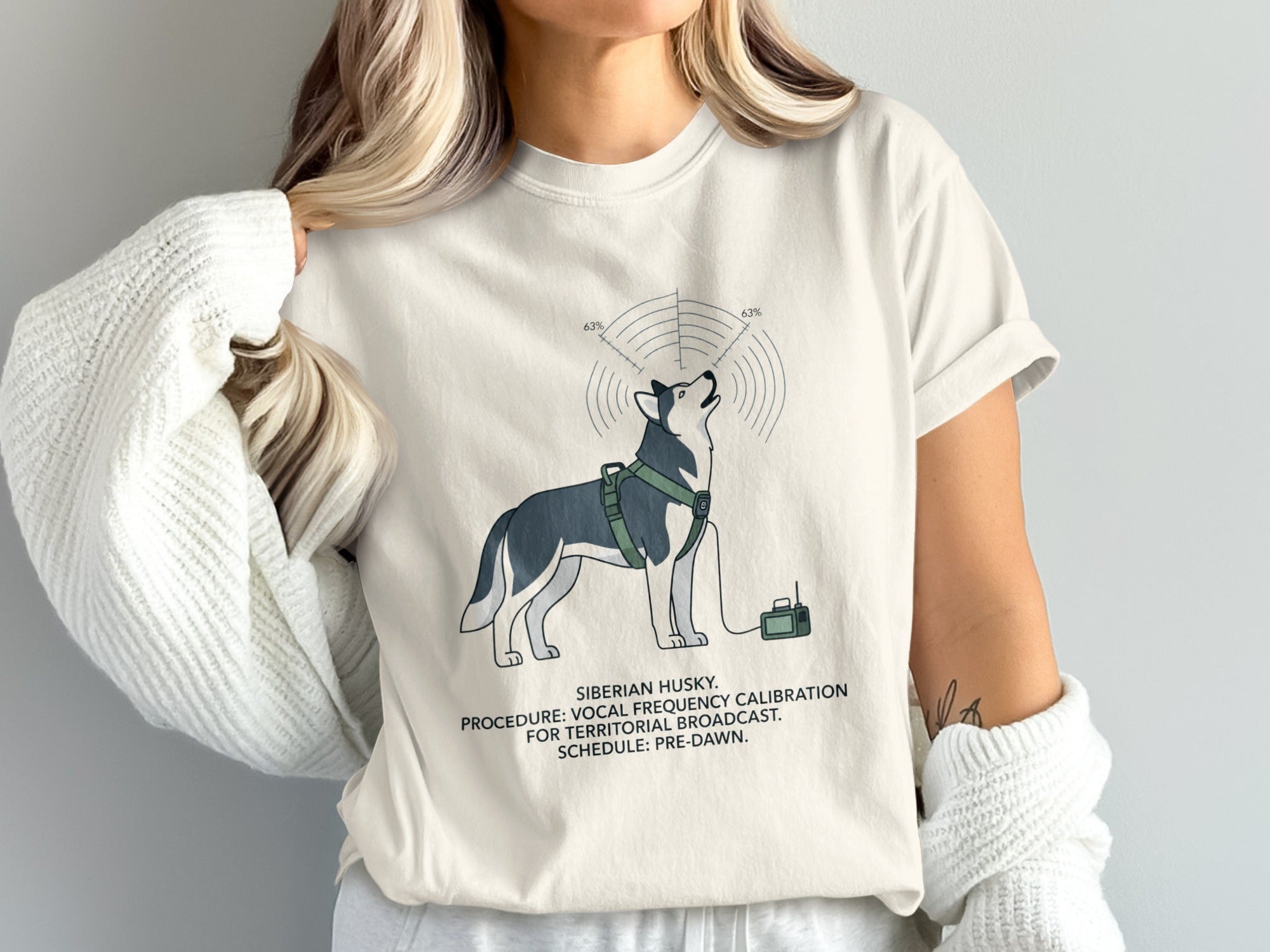 Siberian husky design with text: "Siberian Husky. Procedure: Vocal Frequency Calibration for Territorial Broadcast. Schedule: Pre-Dawn."