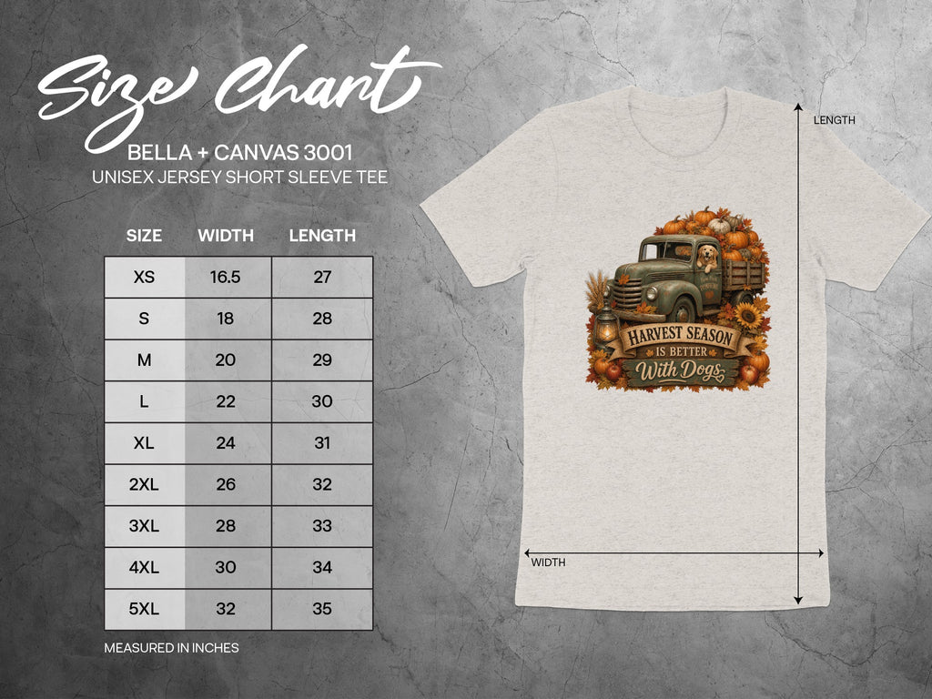Bella + Canvas 3001 size chart for unisex short sleeve tee with harvest truck graphic.