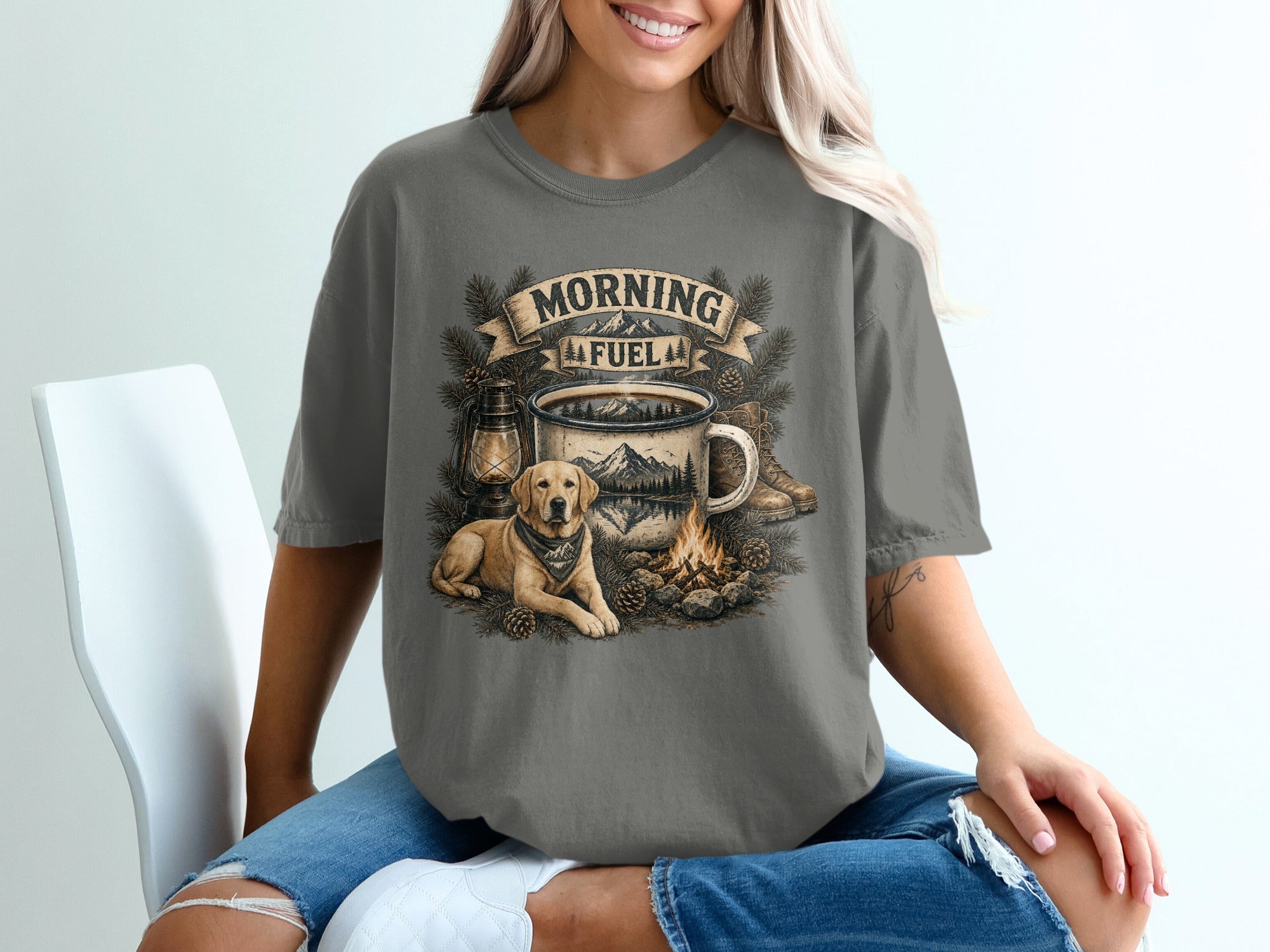 "Morning Fuel" campfire scene with a dog, coffee mug, lantern, and boots.
