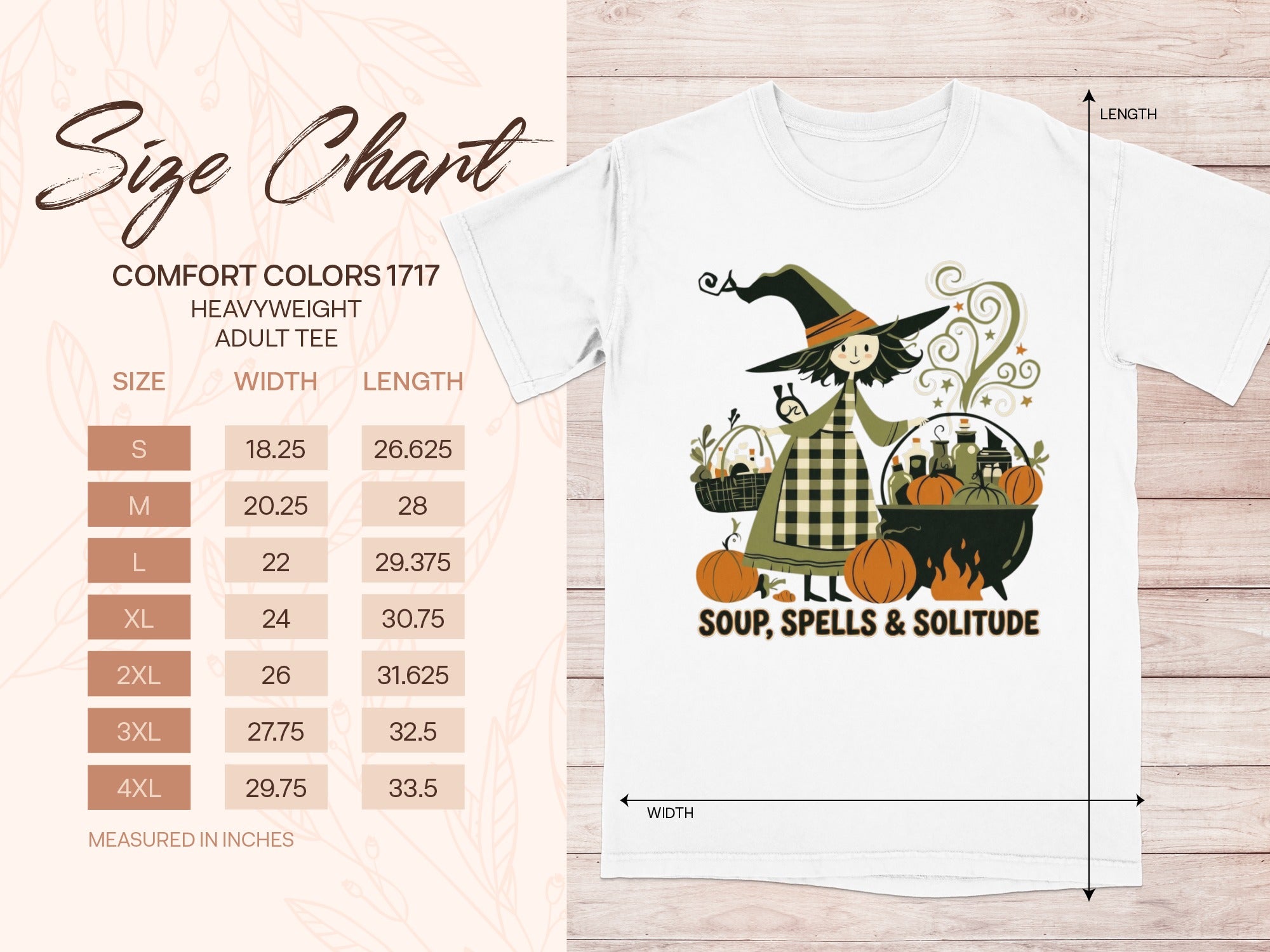 Size chart for Comfort Colors 1717 heavyweight adult tee with Halloween graphic.
