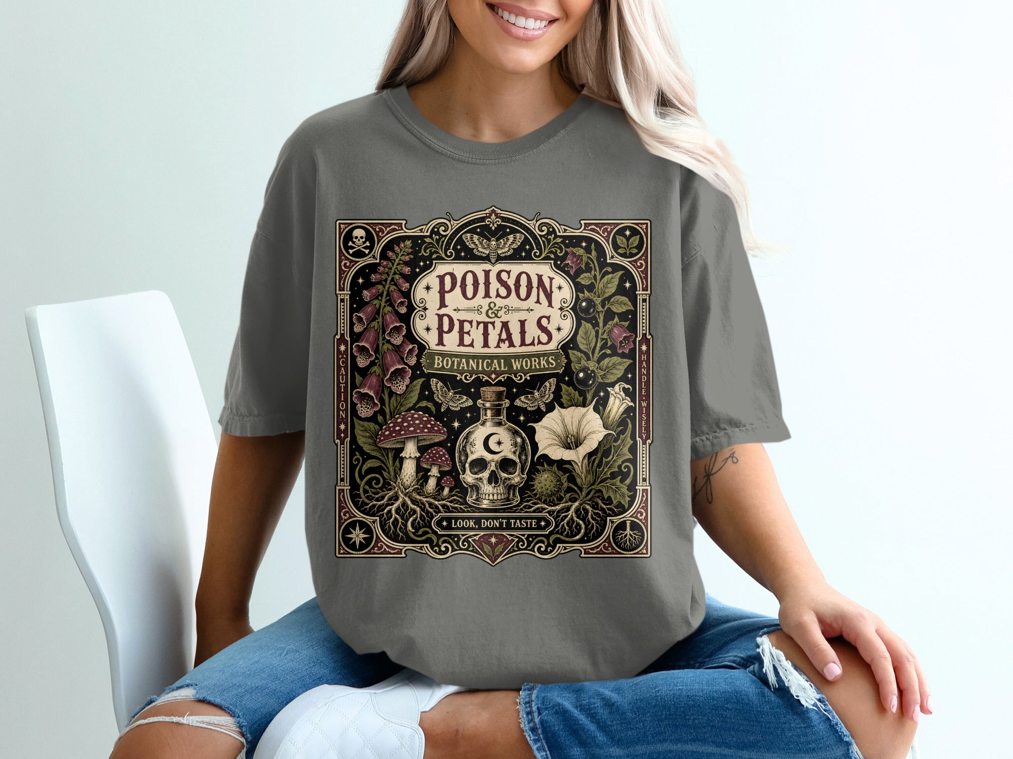 Poison & Petals Botanical Works design with skull, mushrooms, and flowers.