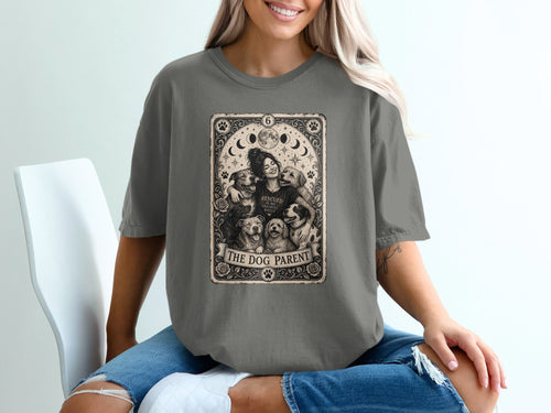 T-shirt with a tarot-style graphic featuring a woman smiling with multiple dogs and text.