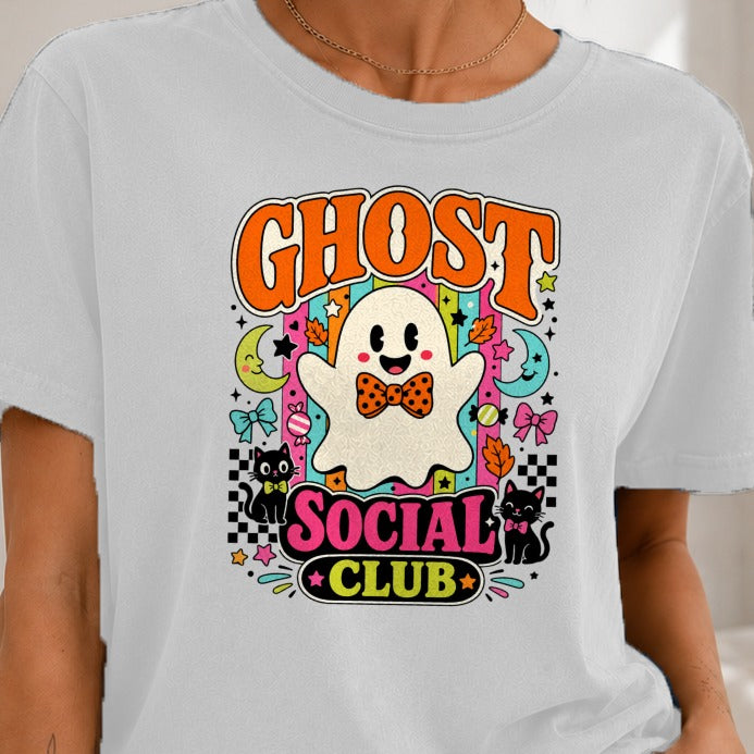 White t-shirt with "GHOST SOCIAL CLUB" text and a cute ghost and black cats graphic.