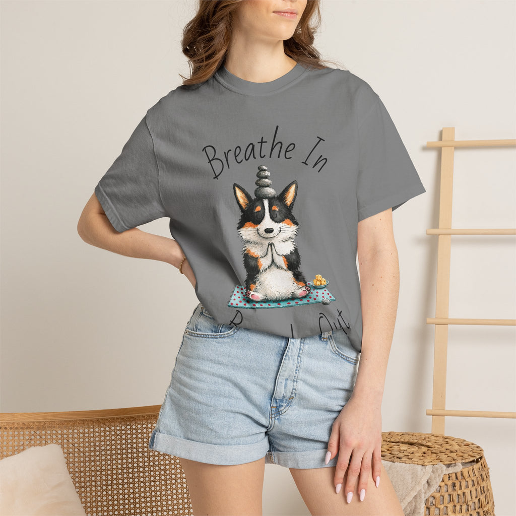 Meditating Corgi T-Shirt — "Breathe In, Breathe Out" Cute Yoga Dog Tee