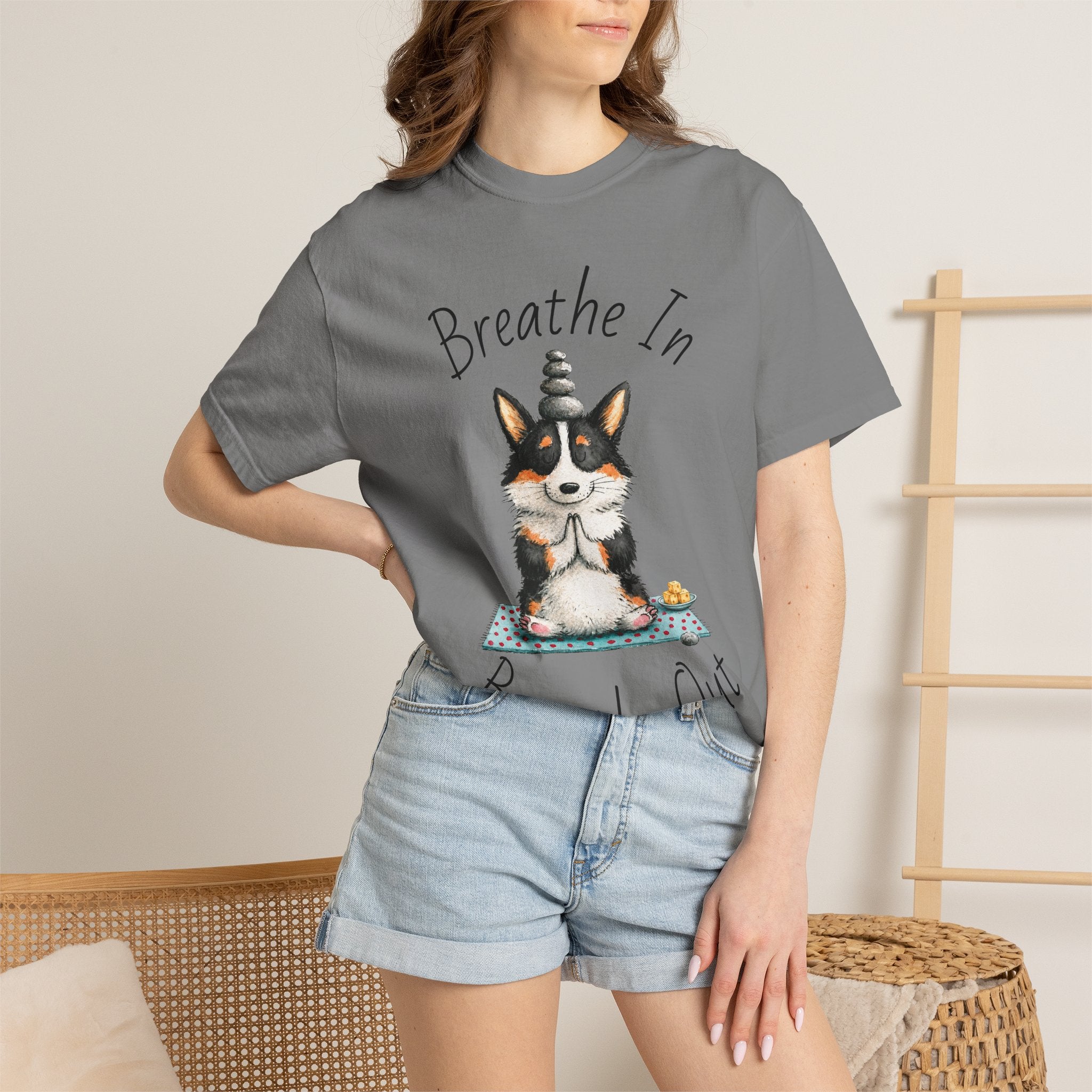 Meditating Corgi T-Shirt — "Breathe In, Breathe Out" Cute Yoga Dog Tee