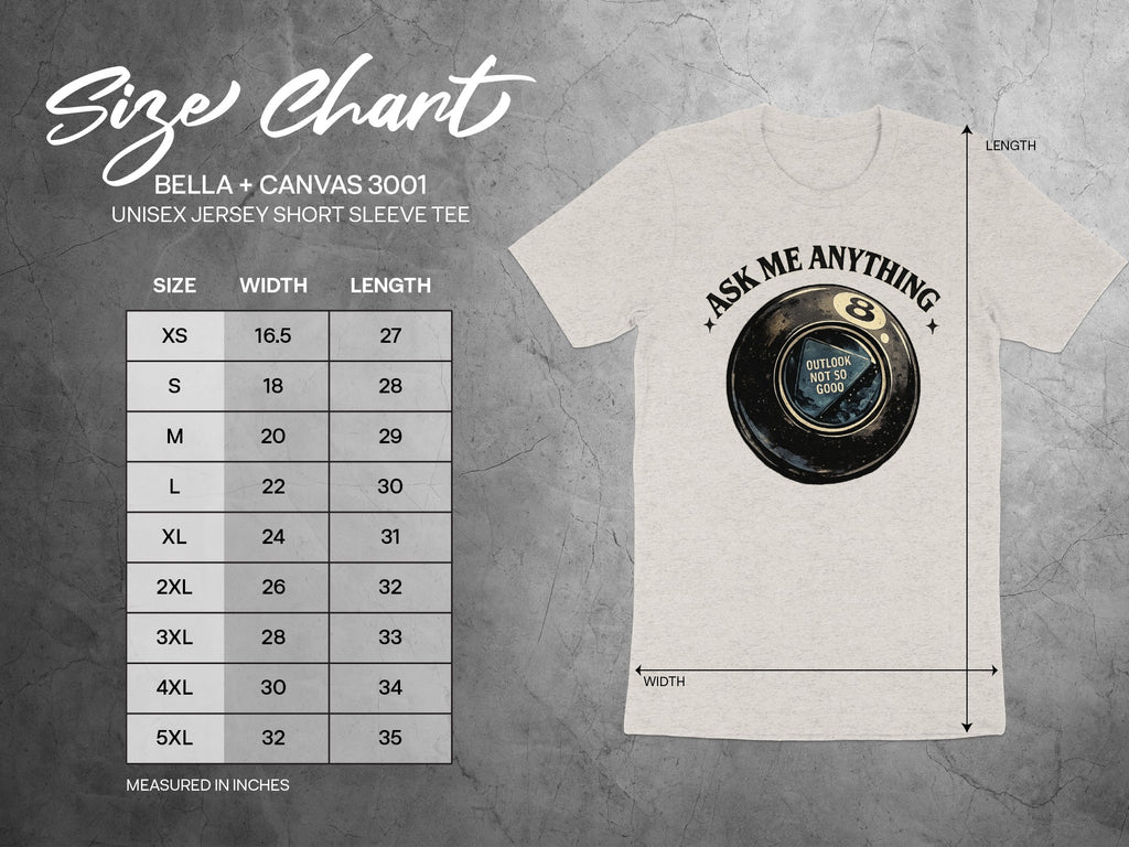 Size chart for Bella + Canvas 3001 unisex short sleeve tee with graphic.