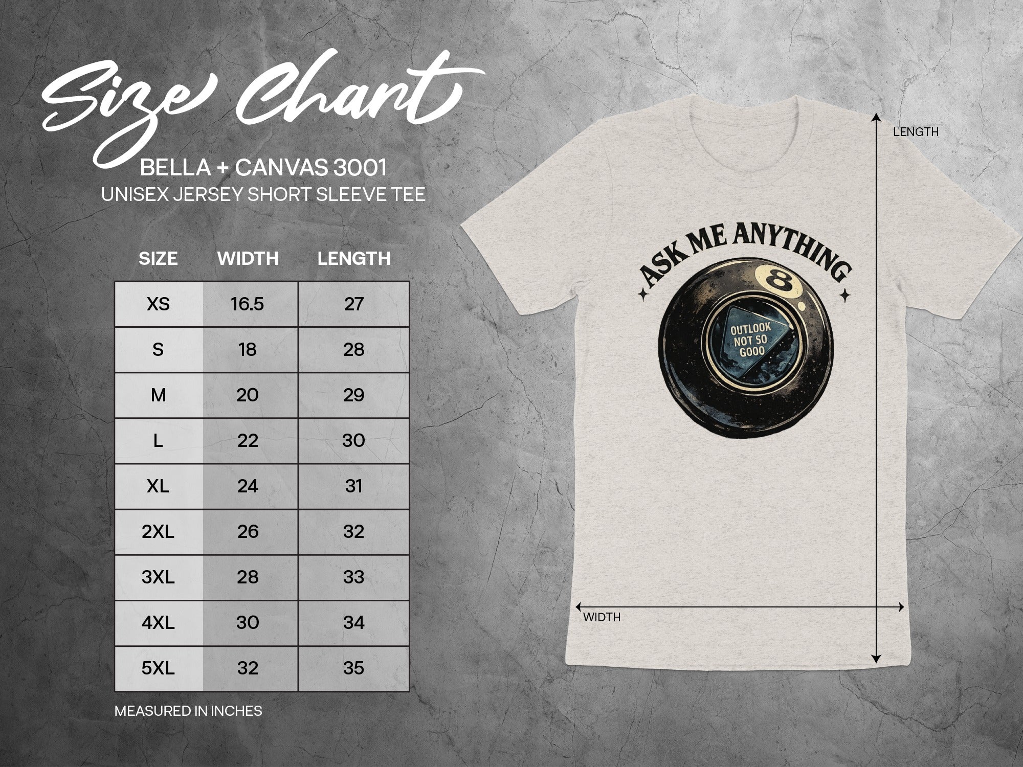 Size chart for Bella + Canvas 3001 unisex short sleeve tee with graphic.