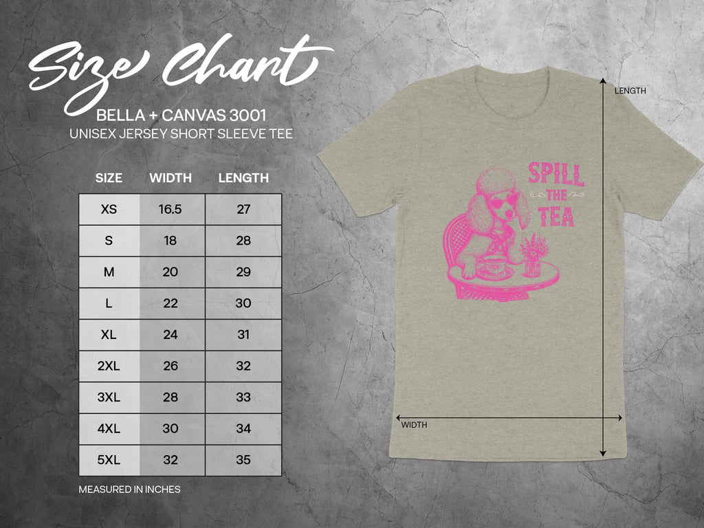 BELLA + CANVAS 3001 Unisex Jersey Short Sleeve Tee size chart with width and length measurements.