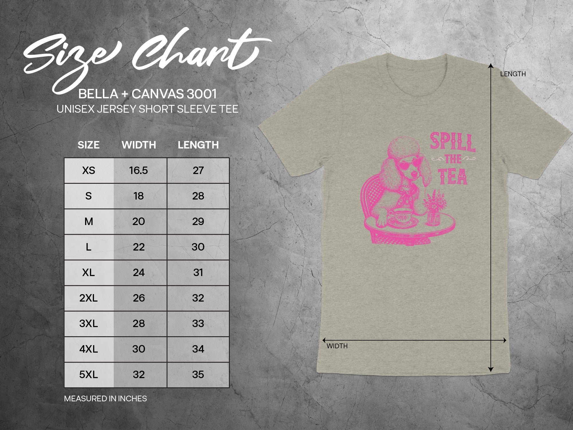 BELLA + CANVAS 3001 Unisex Jersey Short Sleeve Tee size chart with width and length measurements.