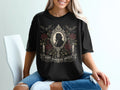 Black t-shirt with gothic design featuring a cameo, roses, bats, and candles.