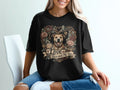 Dog wearing collar surrounded by roses, leather, and banner with "Love Rescued Me Too" text.