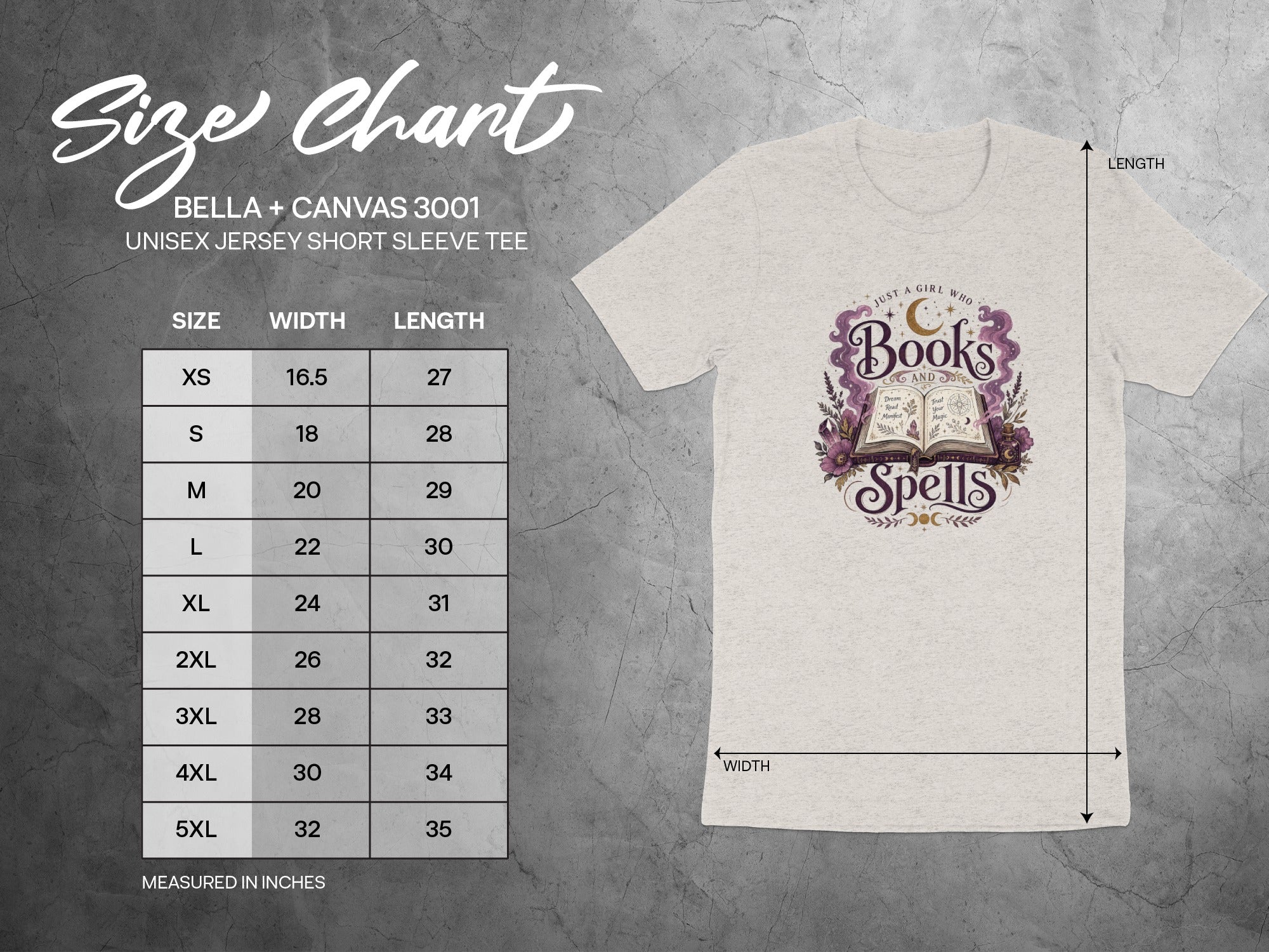 Size chart and Bella + Canvas 3001 unisex tee with "Books and Spells" graphic.