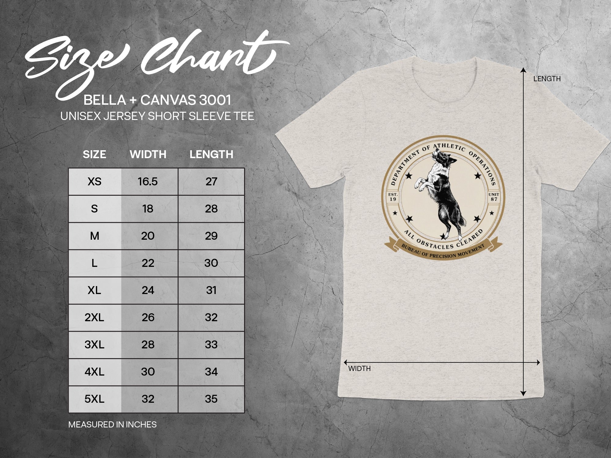 Size chart for Bella + Canvas 3001 unisex jersey short sleeve tee.