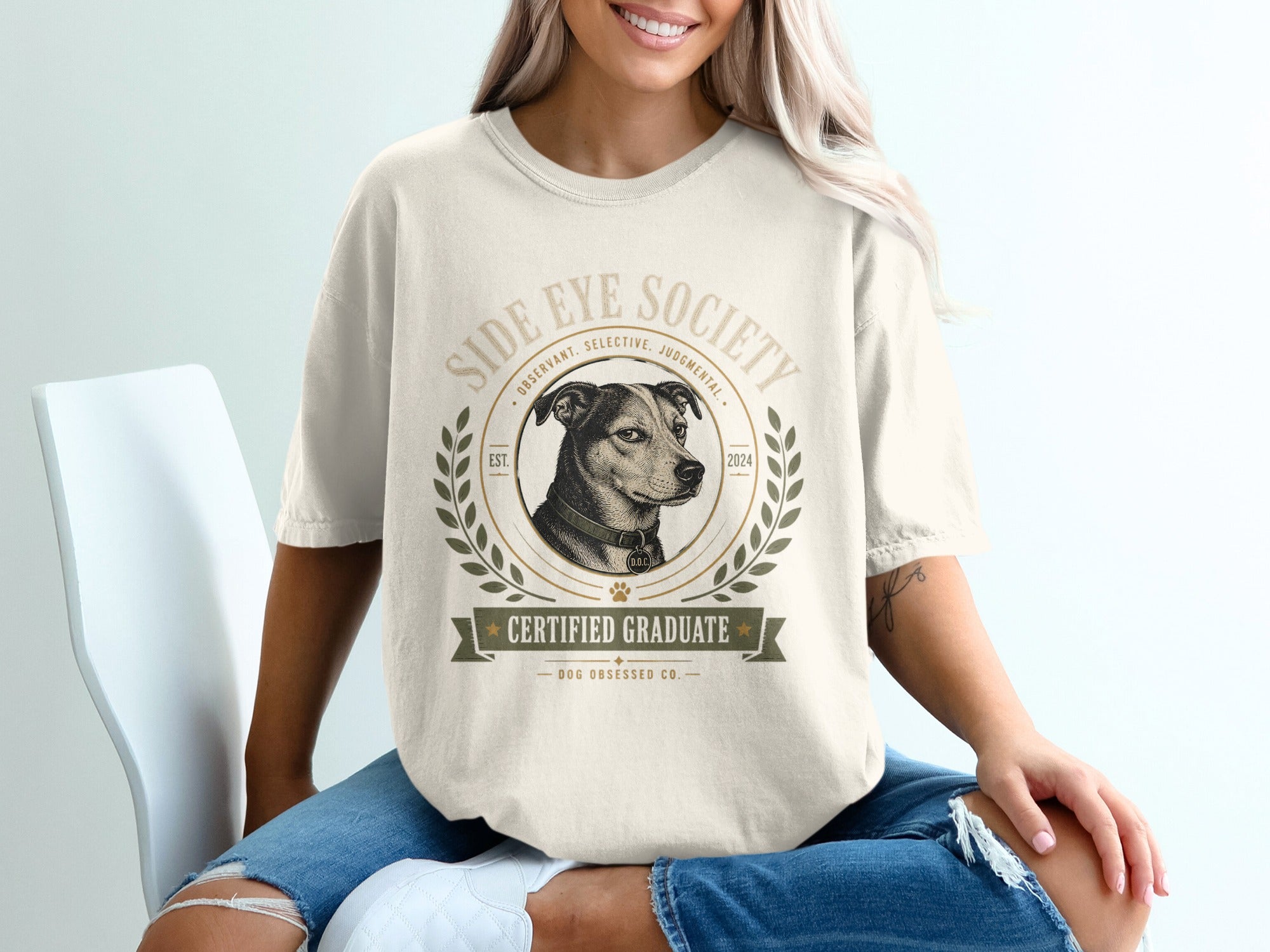 Cream t-shirt with "Side Eye Society" and dog graphic.