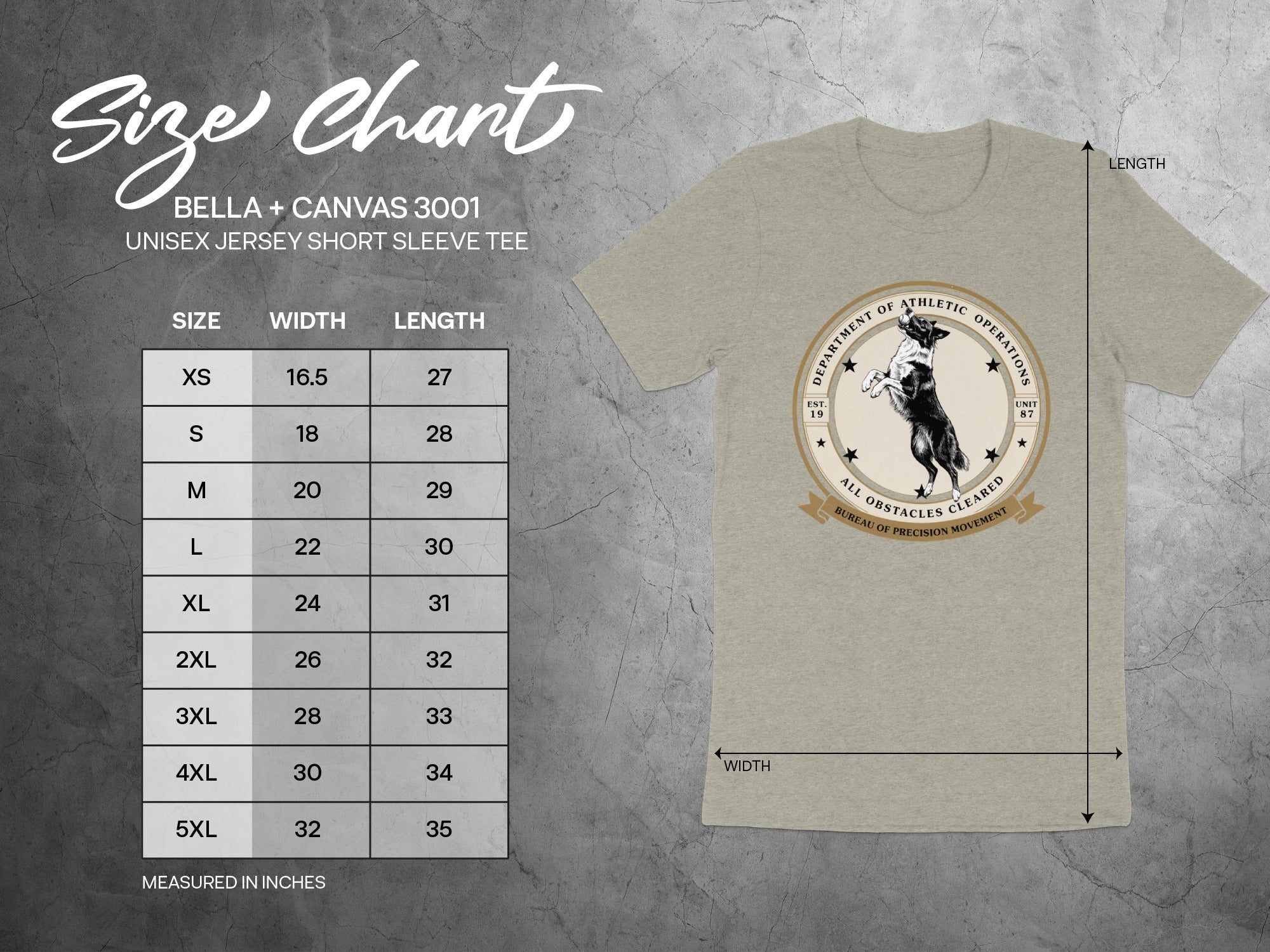 Size chart for Bella + Canvas 3001 unisex jersey short sleeve tee.