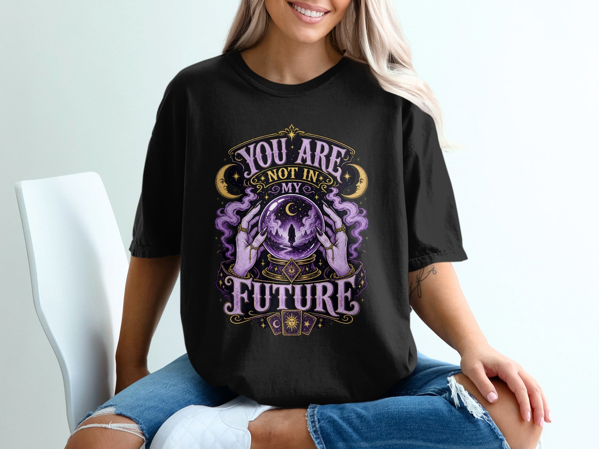 Black t-shirt with occult graphic featuring "You Are Not In My Future" text.