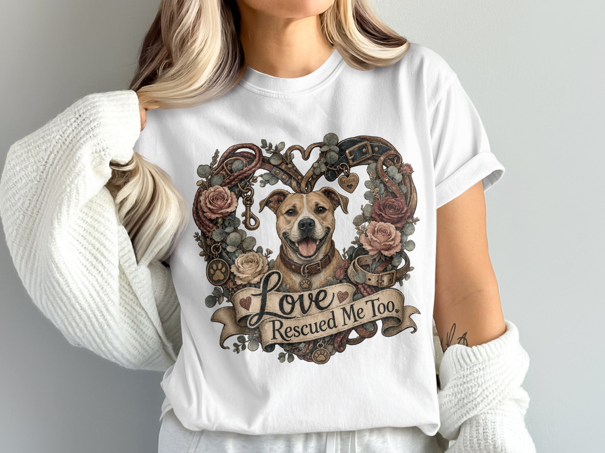 Dog rescue graphic with "Love Rescued Me Too" text on a white t-shirt.