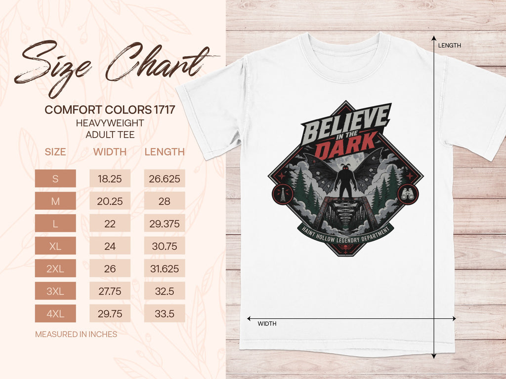 Size chart for Comfort Colors 1717 heavyweight adult tee with "Believe in the Dark" graphic.