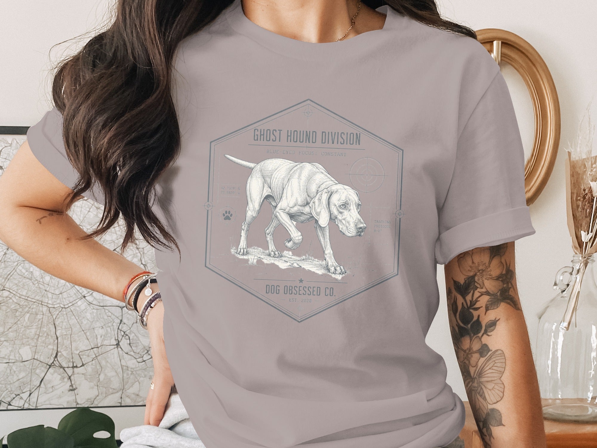 Grey t-shirt with a line drawing of a dog and "Ghost Hound Division" text.