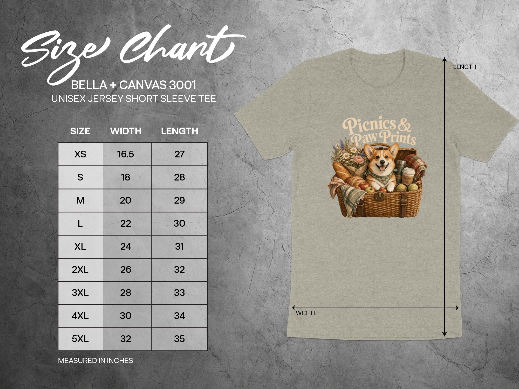 Size chart for Bella+Canvas 3001 unisex tee with measurements in inches.